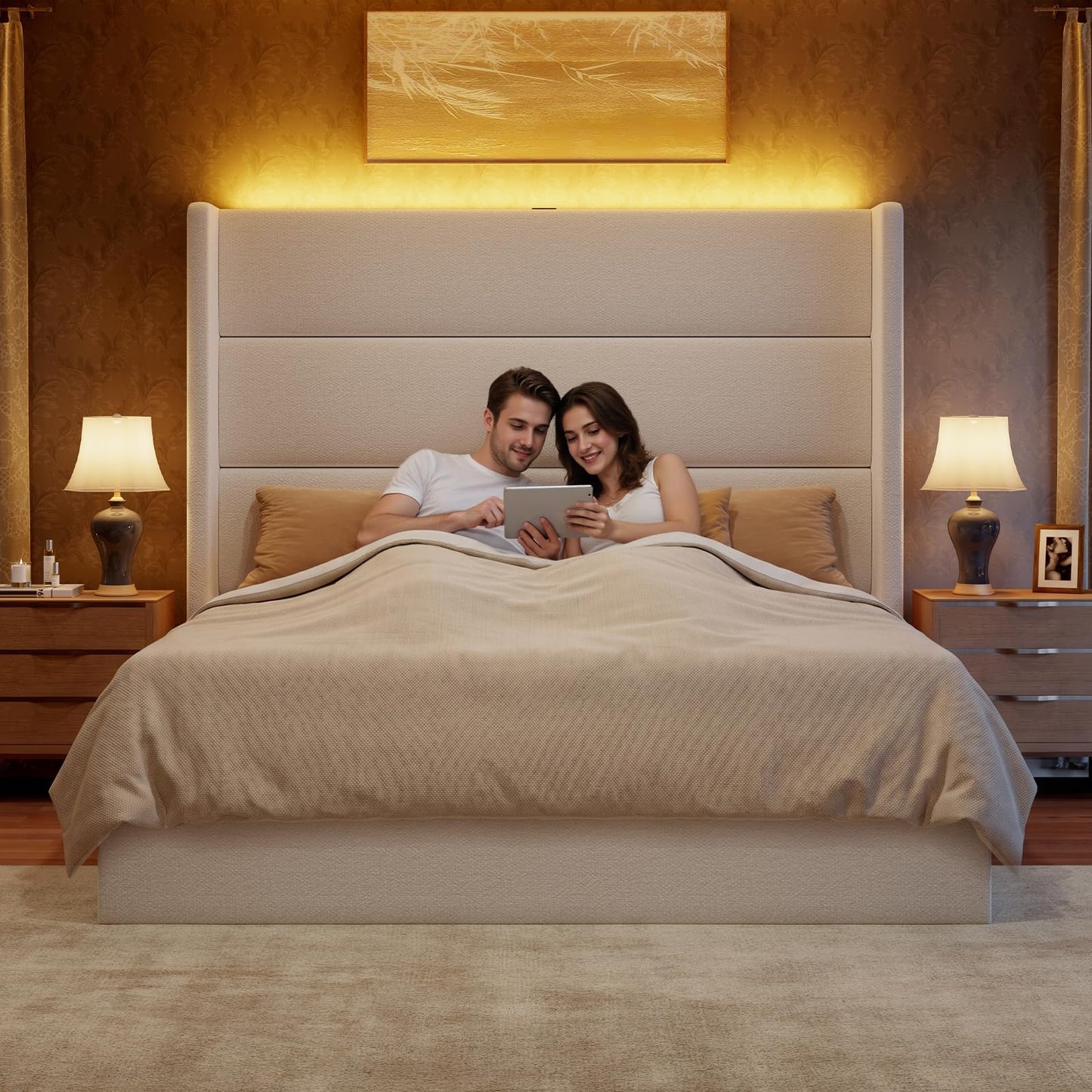 Glirun Queen Size Bed Frame, 55" Tall Headboard with Wingback, Chenille Fabric Upholstered Platform Bed, Large Storage Drawer, Charging Station, LED Lights, Noise-Free, No Box Spring Needed, White