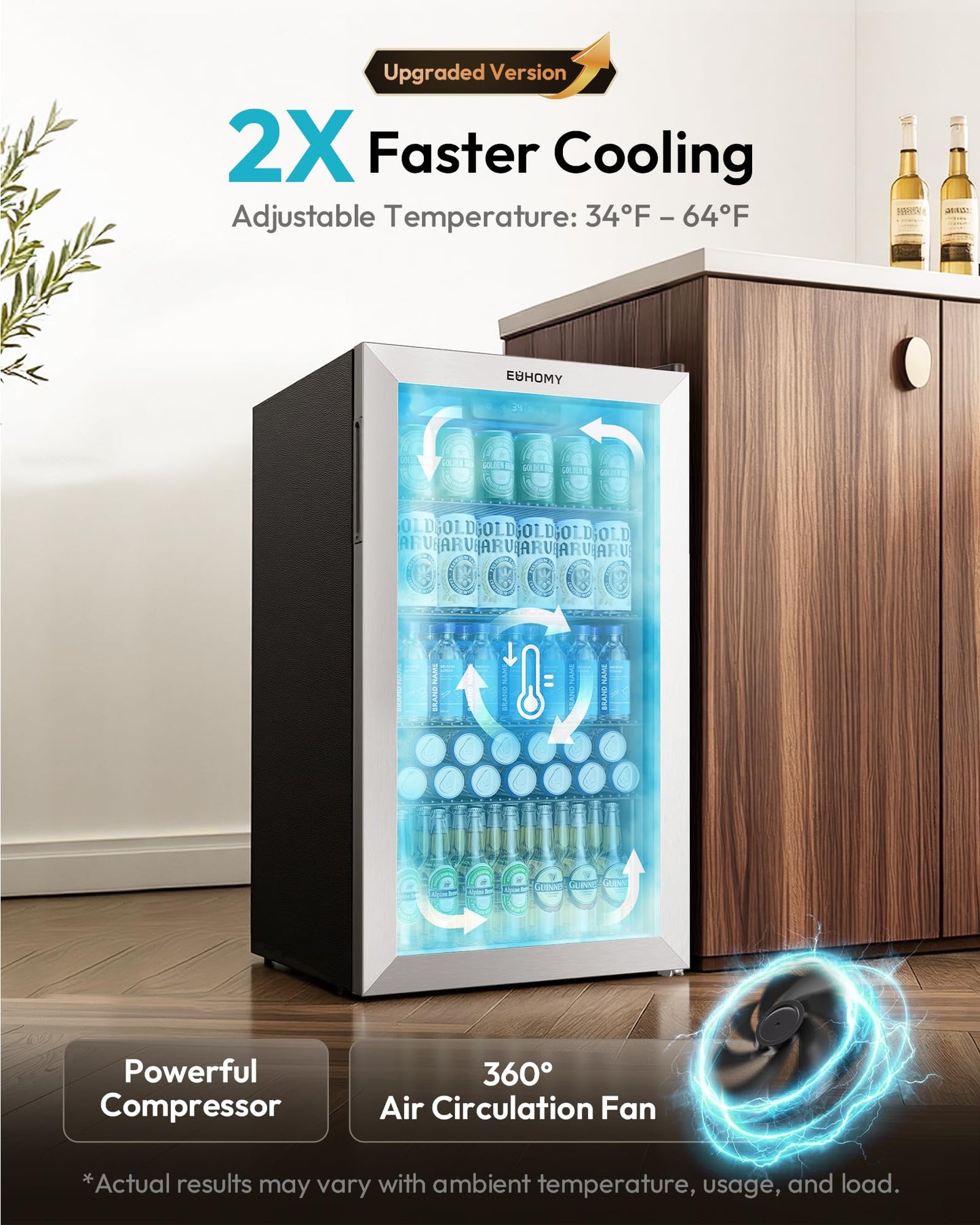EUHOMY Mini Fridge 130 Can Beverage Refrigerator Cooler Glass Door for Soda Wine Beer, Beverage Cooler for Home, Bar, Office with Digital Temperature Control Adjustable Shelves, 3.2 Cu.Ft, Silver