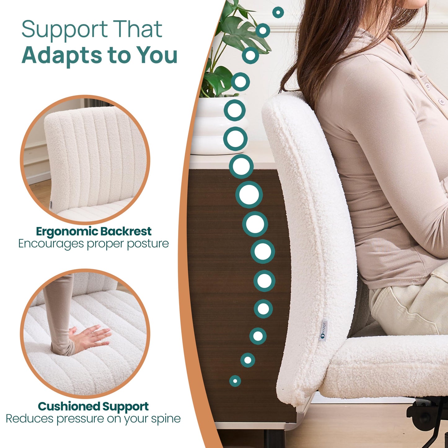 NYPOT Armless Desk Chair with Wheels for Criss Cross Sitting - Cross Legged Wide Armless Chair - Adjustable Vanity 360° Swivel Stool and 120° Rocking Wide Seat Comfy for Home and Office, White Sherpa