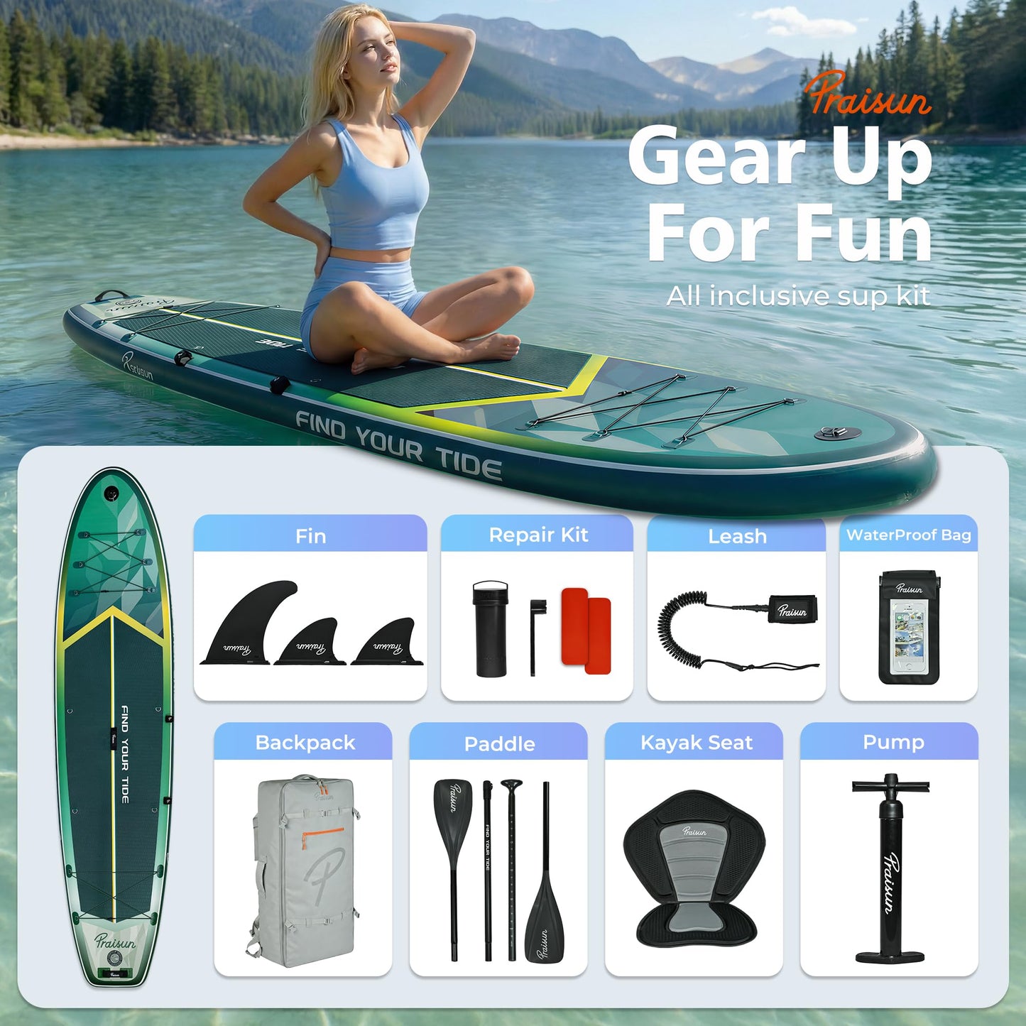 PRAISUN 12’ x 35” Inflatable Paddle Board, 450lbs Extra Wide Stand Up Paddleboard for Youth/Adults of All Skill Levels, Stable SUP with Seat & Full Kit, for Fishing, Yoga, Lake & Ocean, Green