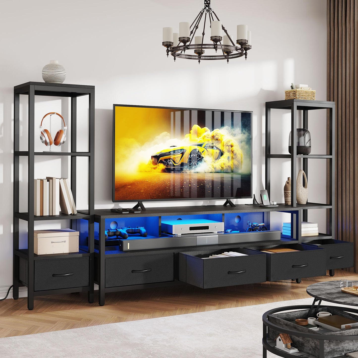 DWVO Entertainment Center with Bookshelves, LED TV Stand for 65/60 inch TV, Black TV Stand for Living Room with 2 Modern 4-Tier Bookshelves & Power Outlets, Black