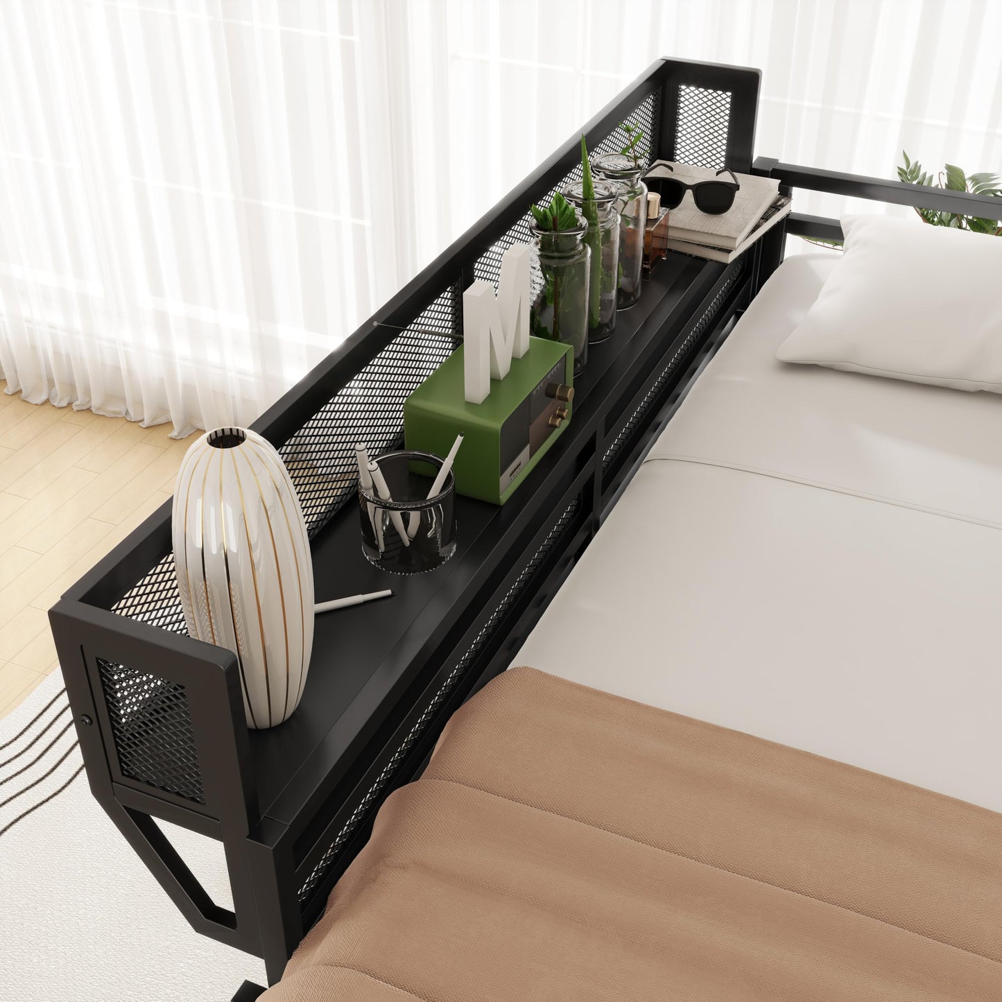 KEIKI Full Size Metal Loft Bed Frame with Ladder and Built-in Storage Shelves, for Teens, Modern Style Loft Bed with Solid Slats, Guardrail, No Box Spring Required, Easy Assembly, for Bedroom, Black
