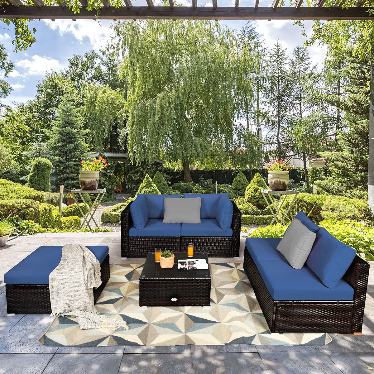 COSTWAY 6-Piece Outdoor Patio Furniture Set, Rattan Sectional Sofa Set with Tempered Glass Coffee Table, Cushions and Ottoman for Garden, Deck, Backyard (Navy)