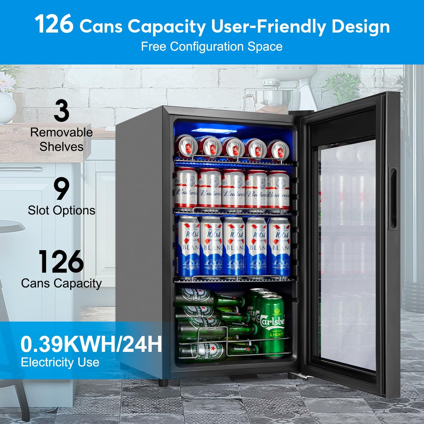 FoMup Beverage Refrigerator 17 inch Wide - 126 Can Beverage Cooler with Glass Door | Counter-Top/Freestanding Mini Beverage Beer Fridge | Temperature Memory | Invisible Door | Perfect for Soda, Beer