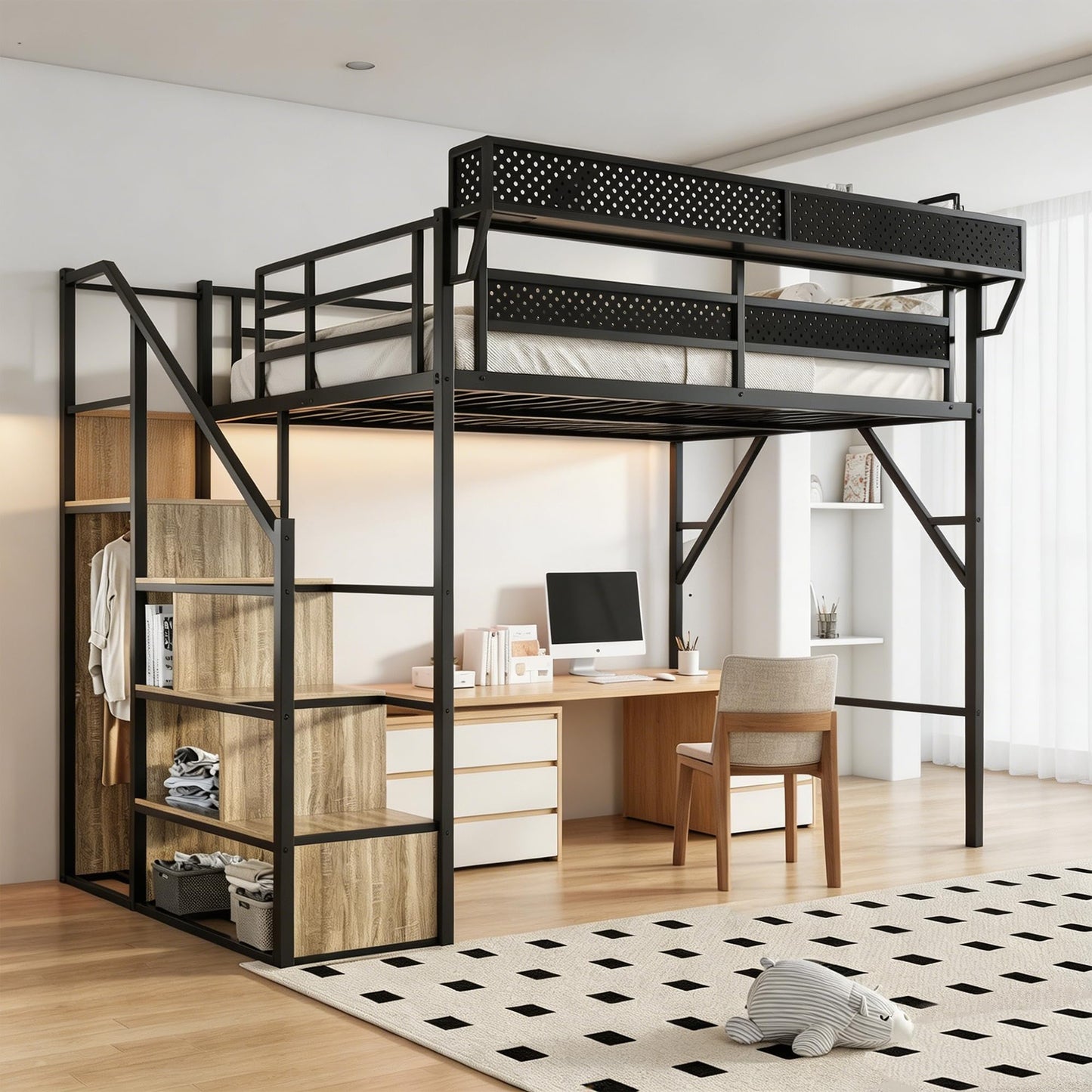 FAVSH Queen Size Metal Loft Bed with Reversible Stairs and LED & USB Port