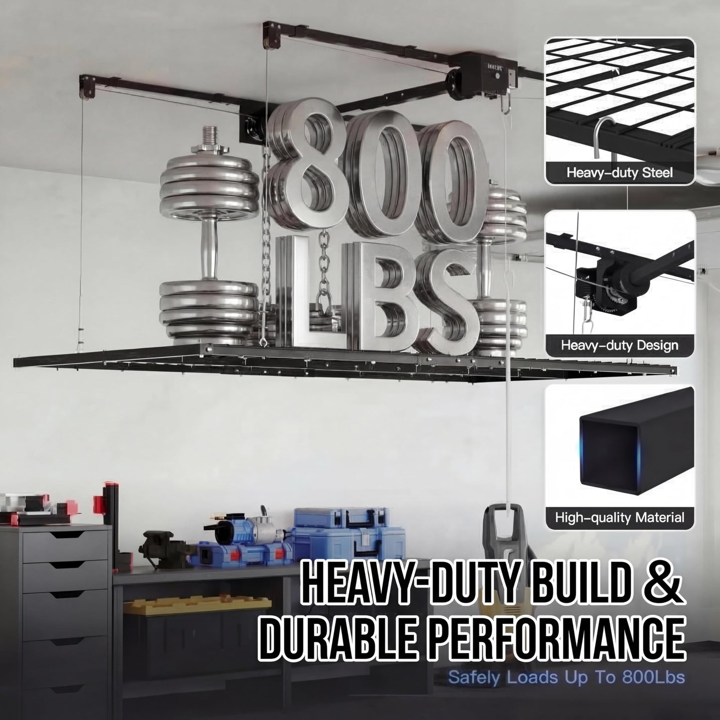 GarveeTech 4x8 ft Overhead Garage Storage Rack 800 Lbs Weight Capacity, Adjustable Heavy Duty Hanging Garage Ceiling Storage Rack System