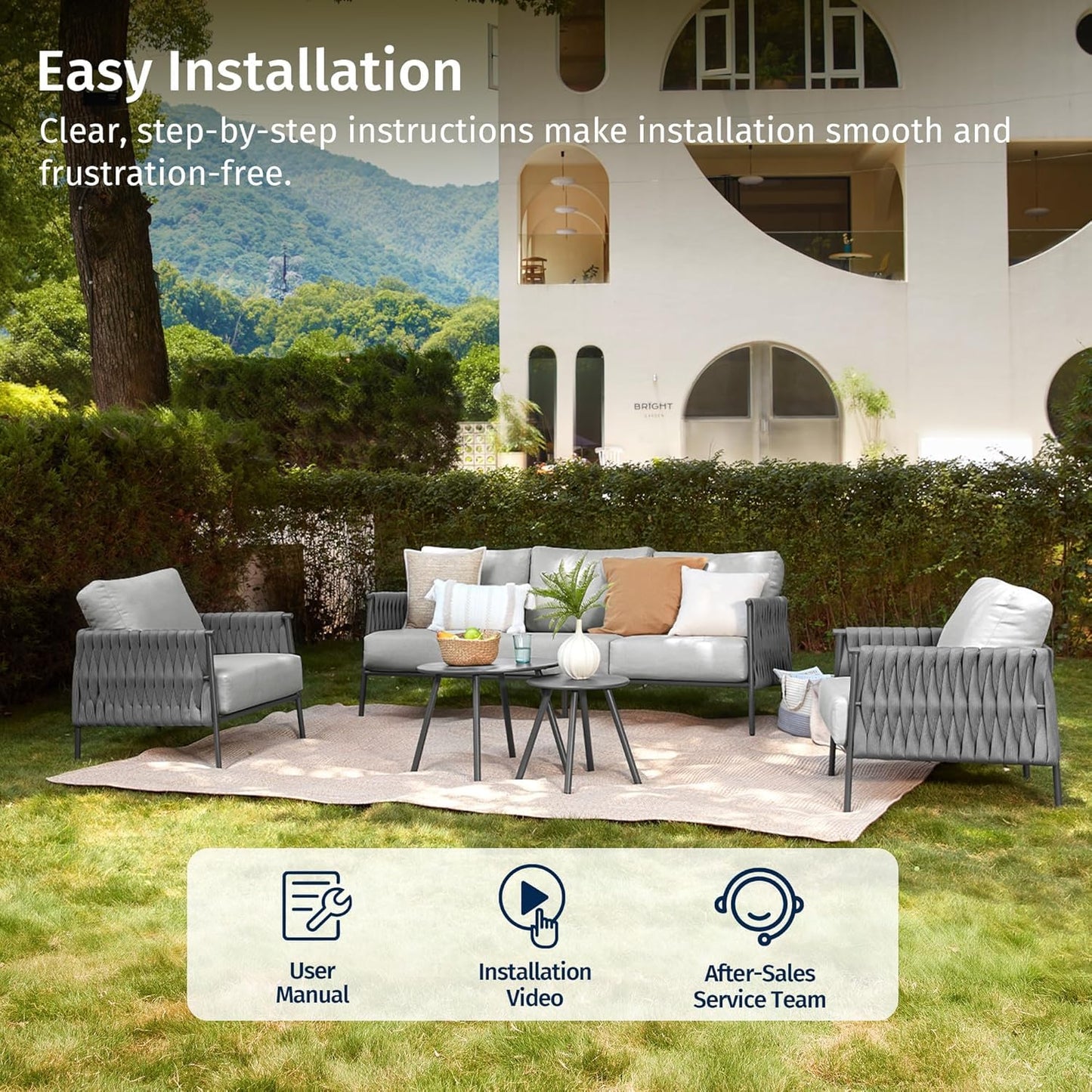 East Oak 5-Piece Patio Furniture Set | Life Chatter 5-Seat Outdoor Sectional Sofa Conversation Set, Deep Seating Couch with 2 Coffee Tables & Thick Cushions for Balcony & Backyard, Porch | Misty Grey