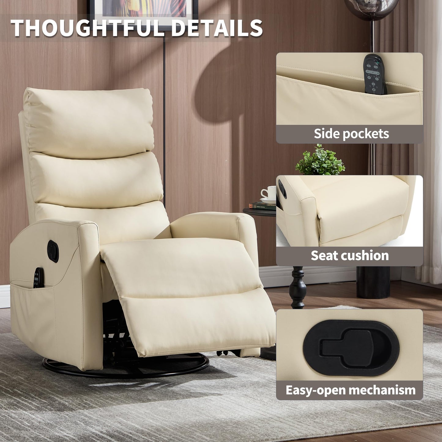 KEIKI 4-in-1 Manual Swivel Rocker Recliner Chair for Home Living Room, Faux Leather Chair with Back Massager & Heat, Home Theater Seating with Lumbar Support, Recliner Office Chairs for Adults, Beige