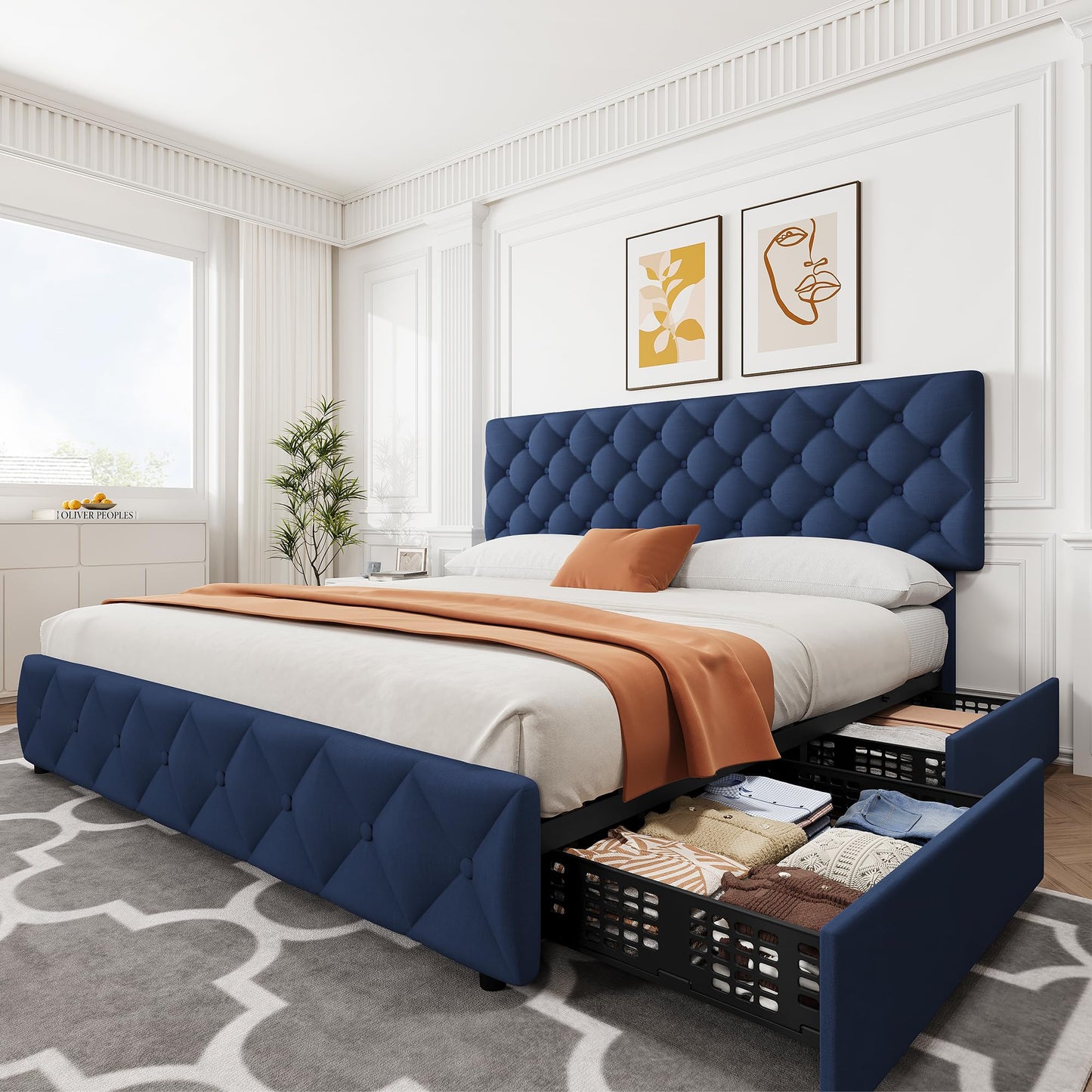 King Size Bed Frame with 4 Storage Drawers, Linen Upholstered Platform Bed Frame with Headboard and Footboard, Wooden Slats Support, Diamond Stitched Button Tufted, No Box Spring Needed, Blue