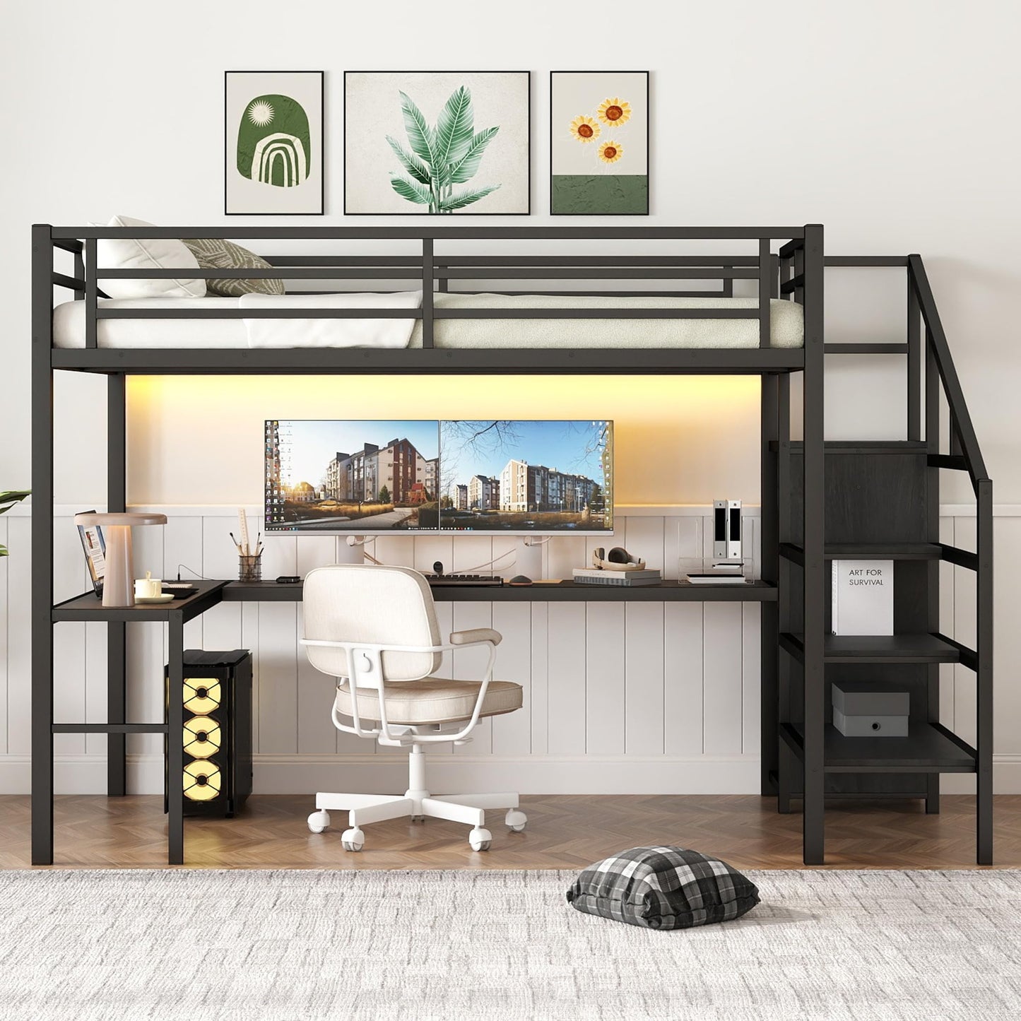 Bellemave Full Size Metal Loft Bed with L Shaped Desk and Wardrobe, Heavy Duty Loft Bed Frame with Storage Stairs, LED Loft Bed Frame with Charging Station & Safety Guardrails, Black