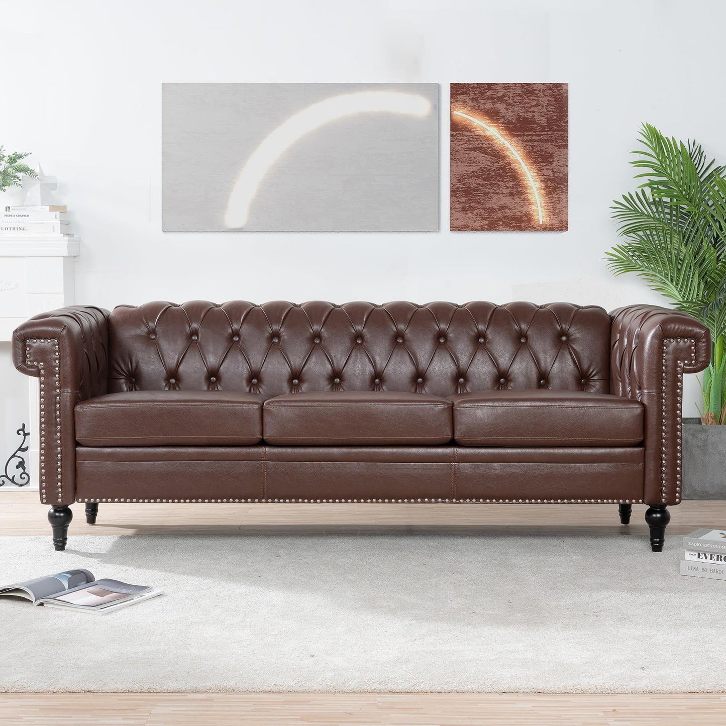 GDFStudio 84" Chesterfield Tufted Sofa Couch with Deep Seat Cushions, Rolled Arms & Gold Accent Strip, Midcentury Modern 3 Seater Upholstered PU Leather Sofa for Living Room, Dark Brown
