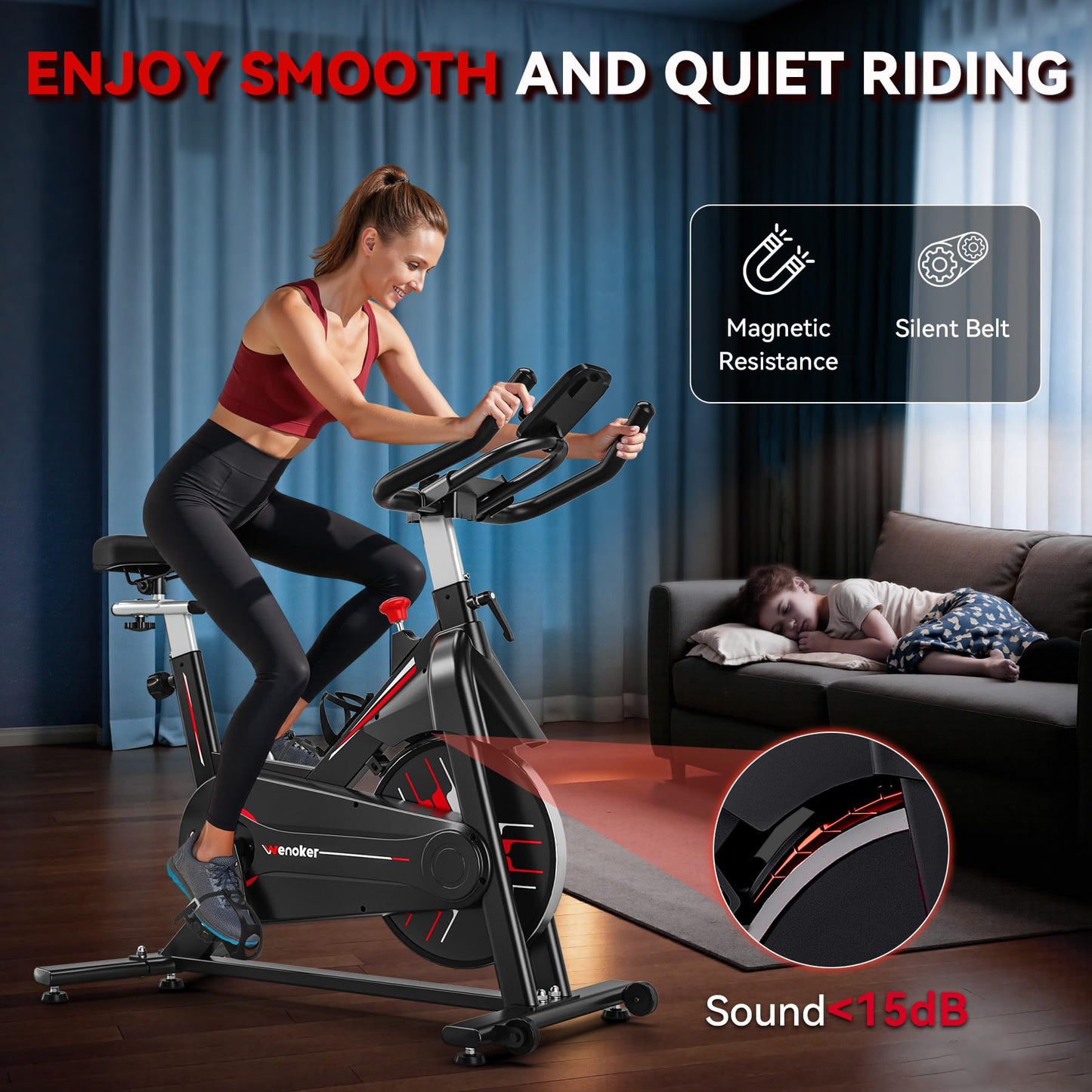 Exercise Bike, Wenoker Magnetic Resistance Stationary Bike for Home App Sync Indoor Bike with 350lbs Weight Capacity, Tablet Holder and Fitness Courses for Weight Loss[Black Red]