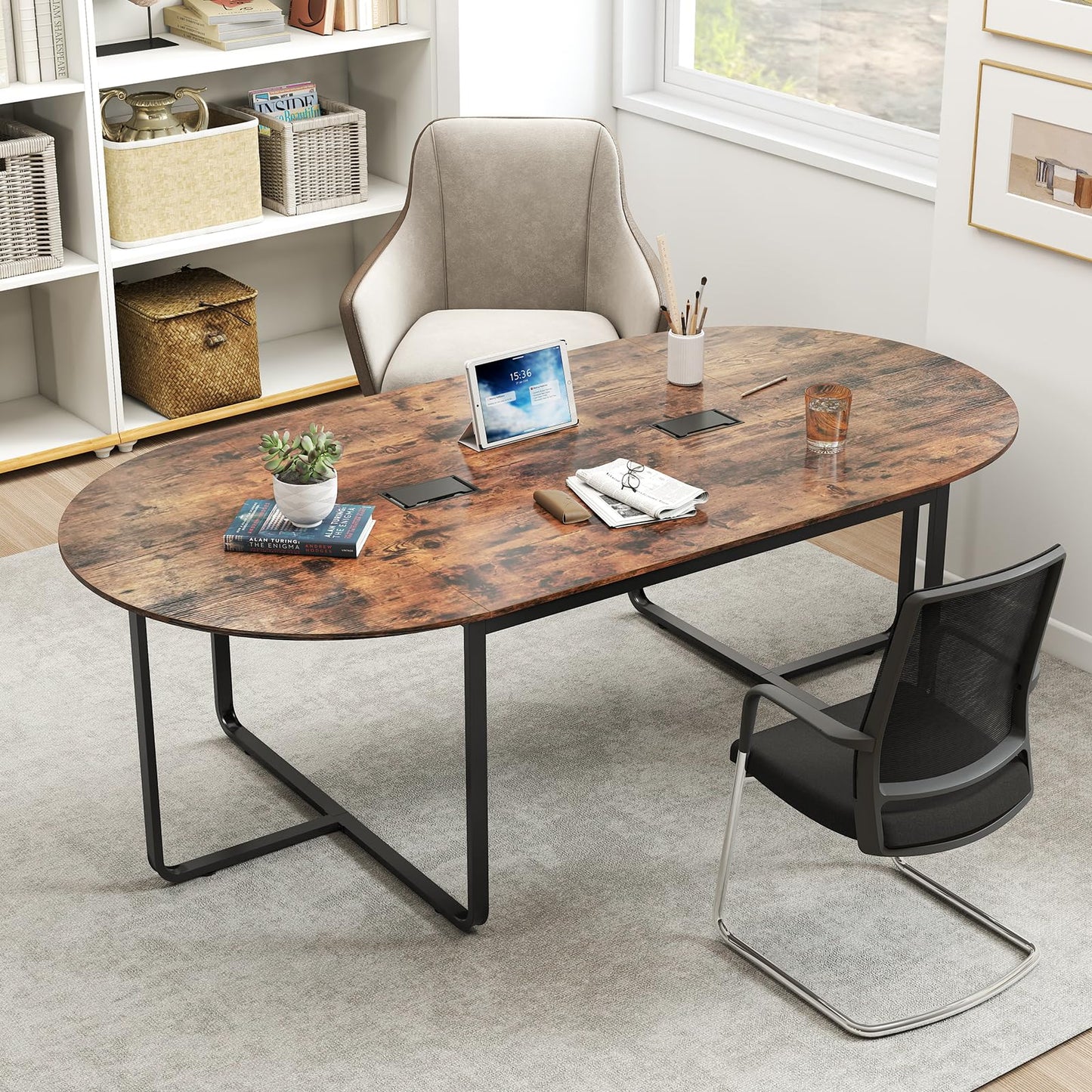 Nightcore 8 FT Oval Conference Table, 95" x 48" x 30" Large Meeting Table with Cable Holes and Strong Metal Frame for Office, Business Style Training Table for 12 People, Rustic Brown & Black