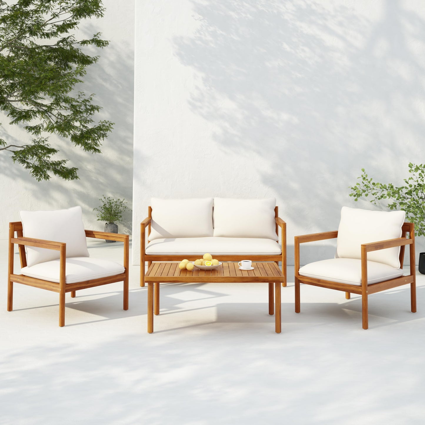 Christopher Knight Home Vorms 4-Piece Acacia Wood Patio Furniture Set with Rope Backrest, Patio Conversation Chat Set for Backyard Balcony, Outdoor 4-Seater Seating Group with Coffee Table, Teak+Cream