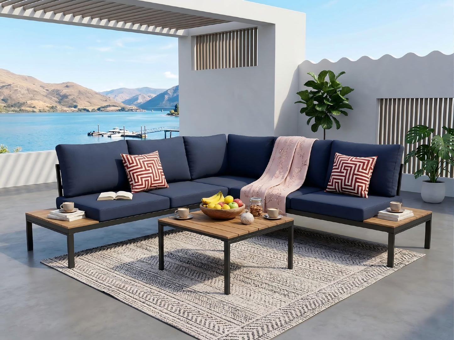 KEIKI 4-Piece L-Shaped Outdoor Patio Furniture Set, Rattan Patio Conversation Set with Coffee Table & 1 Corner Sofa & 2 Double Sofa, Wicker Curved Sectional Sofa Set, for Backyard, Dark Blue