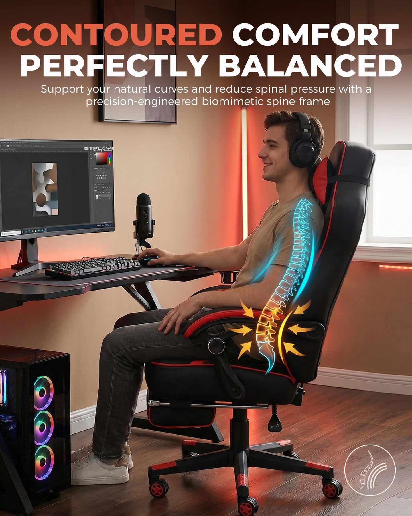 GTPLAYER Gaming Chair with Footrest, Big and Tall Game Chair 350lb Racing Style Computer Chair, Ergonomic Executive Office Chair High Back with Lumbar Support and Recliner, Red