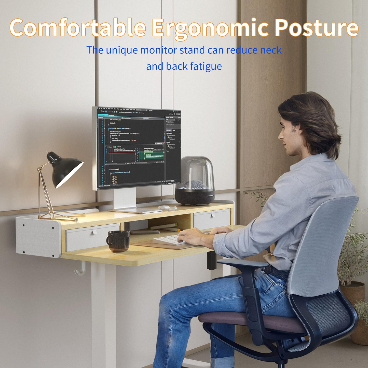 YIHAYO Low Height Adjustable Desk with Drawers, Lifts 18.1-28.3 Inches, Electric Standing Desk with Storage Shelf for Short People, 48 x 24 Inches Table with Splice Board for Home Office, Natural