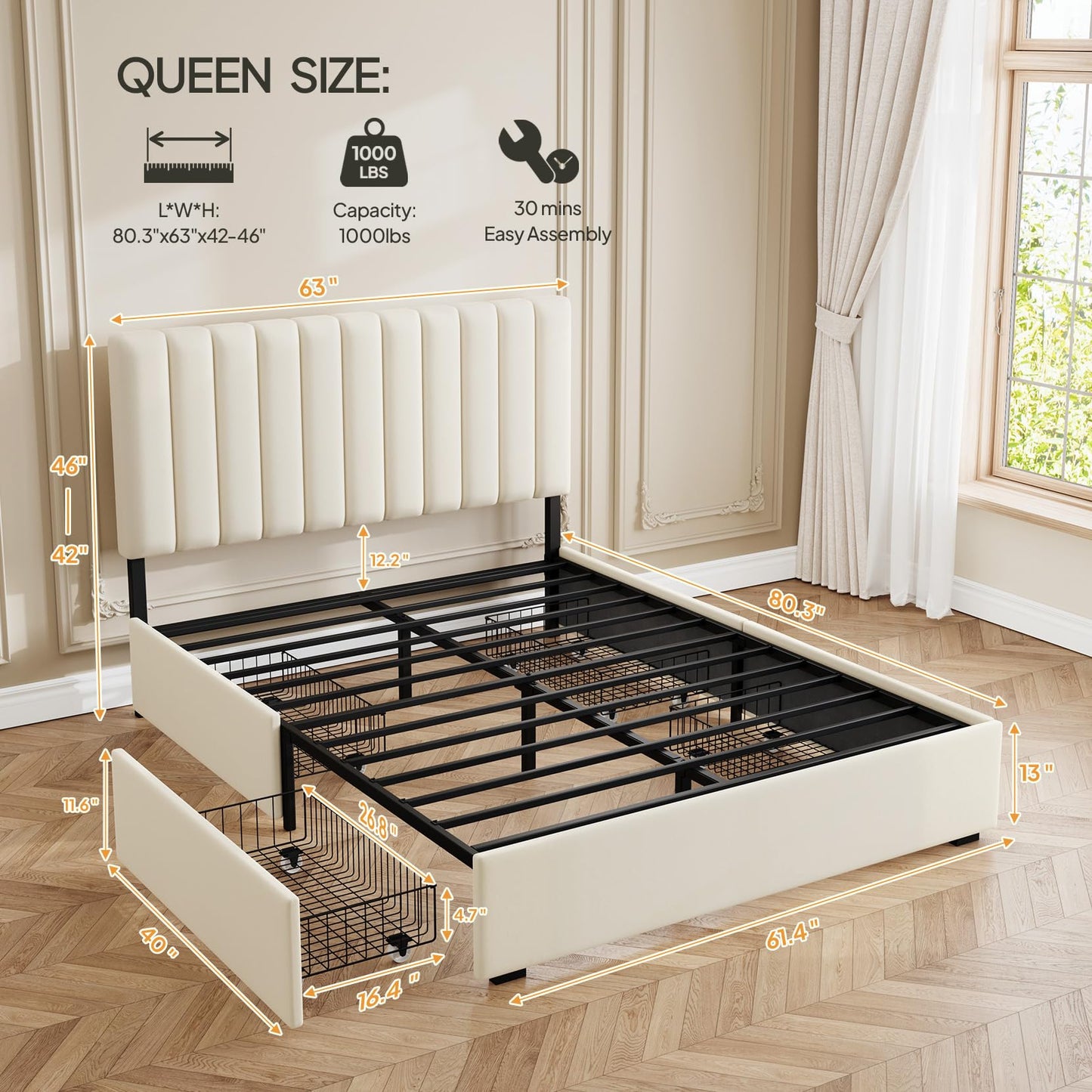Welzona Queen Velvet Bed Frame with 4 Storage Drawers, Fully Upholstered Metal Platform Bed Frame with Vertical Channel Tufted Headboard, 3-Level Height, Easy Assembly, No Box Spring Needed, White
