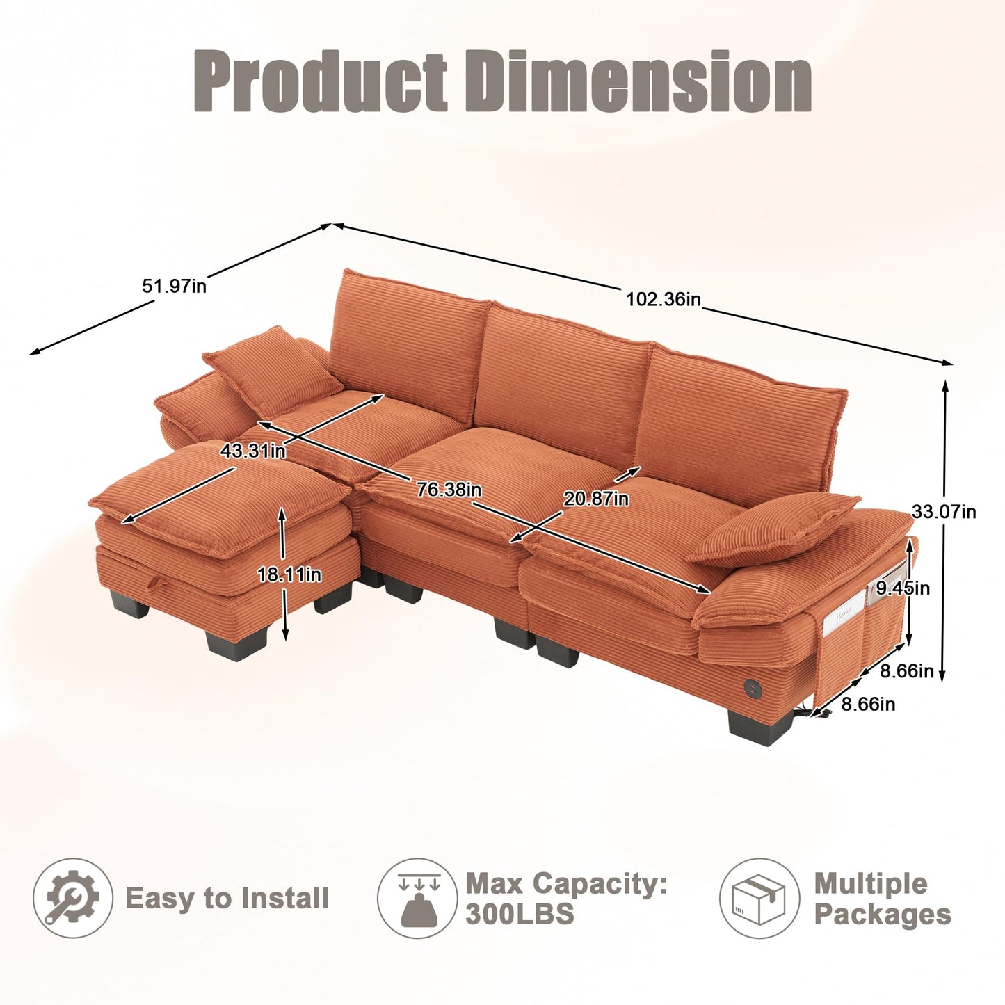 102" Oversized Cloud Modular Sectional Sofa with Movable Ottoman, Free Combination Convertible L Shaped Corner Couch Sets,Comfy Corduroy Upholstered Orange Sofa & Couch for Living Room
