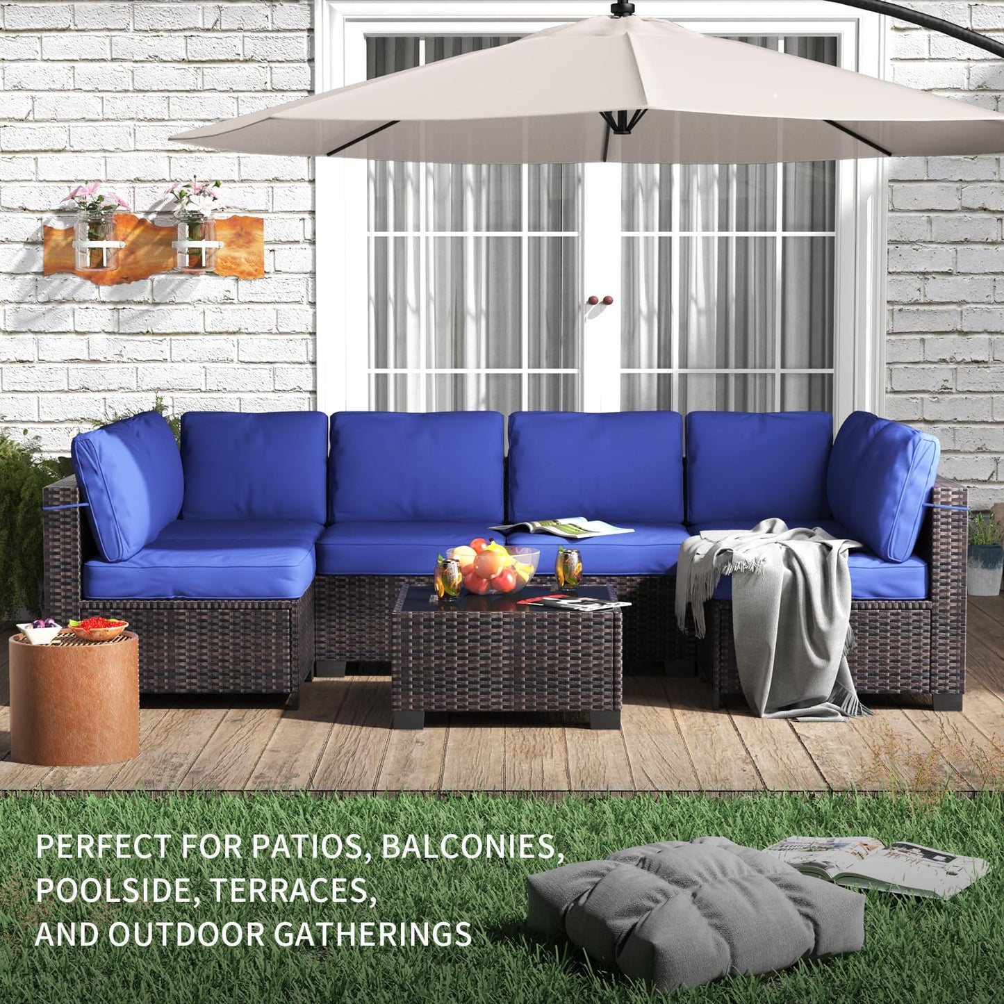 GarveeHome 7 Piece Patio Furniture Set, PE Rattan Wicker Sectional Sofa Set with Cushions & Glass Top Coffee Table, Outdoor Conversation Furniture for Garden, Balcony, Porch, Backyard