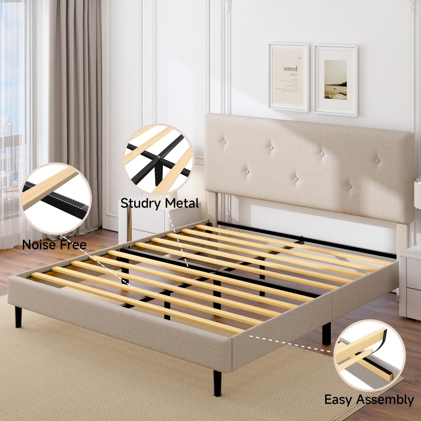 Mxhtcewz Full Size Linen Bed Frame, Upholstered Platform Bed Frame with Adjustable Headboard, Wooden Slats Support, No Box Spring Needed, Easy Assembly, Beige