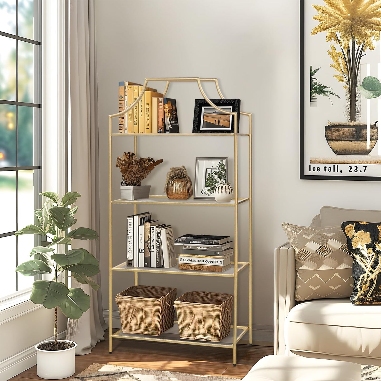 GIFTTROVE 4 Tier Bookshelf, Metal Book Shelf for Storage, Tall Storage Display Bookcase, Modern Open Book Case for Bedroom, Living Room, Glass Office Organization Shelf, 66.3" X 26" X 13"