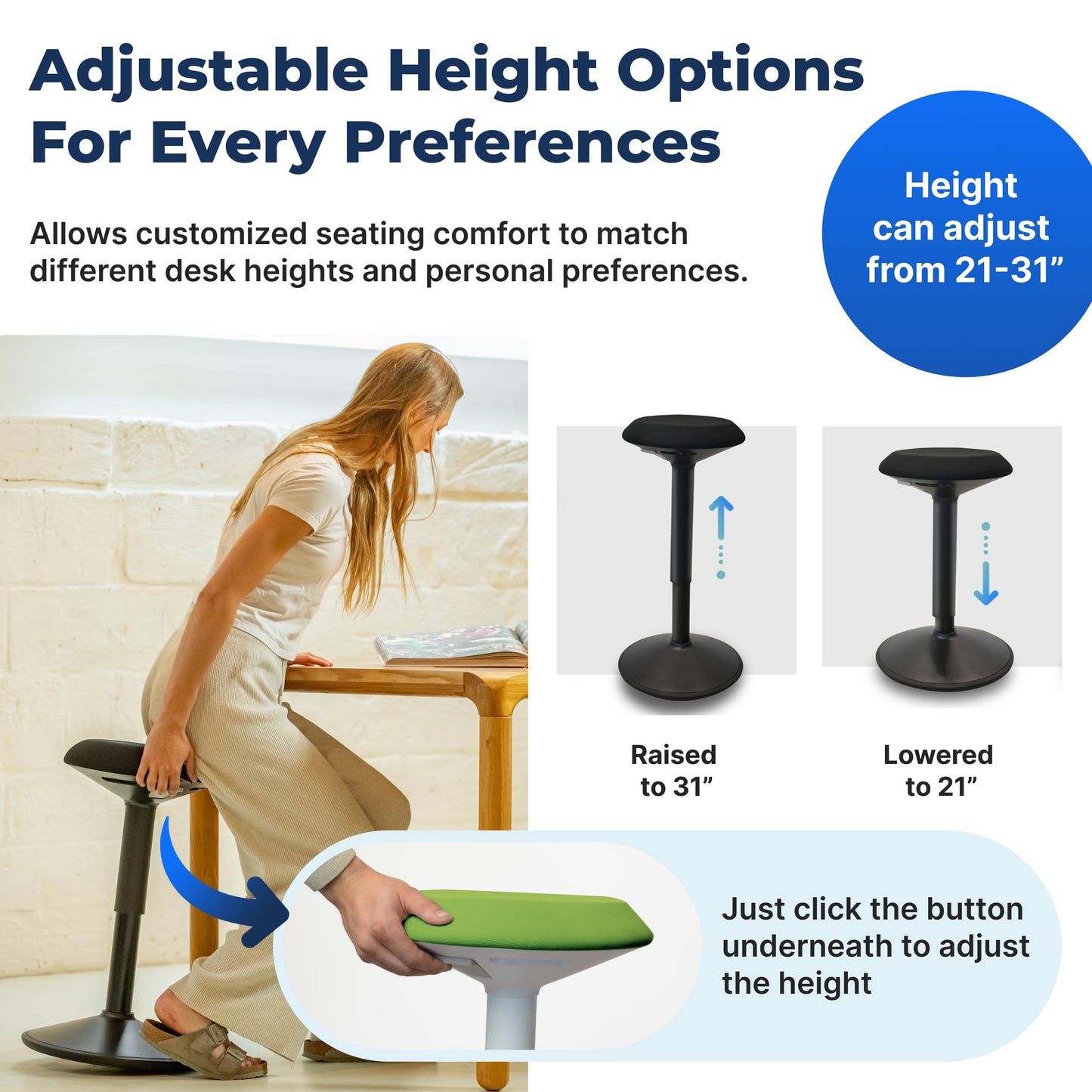 Standing Desk Stool Chair, Height Adjustable Stool 21-31 inch for Office and Classroom, Swivel seat, Anti-Slip Bottom Ergonomic Wobble Stool with Rocking Motion, Green
