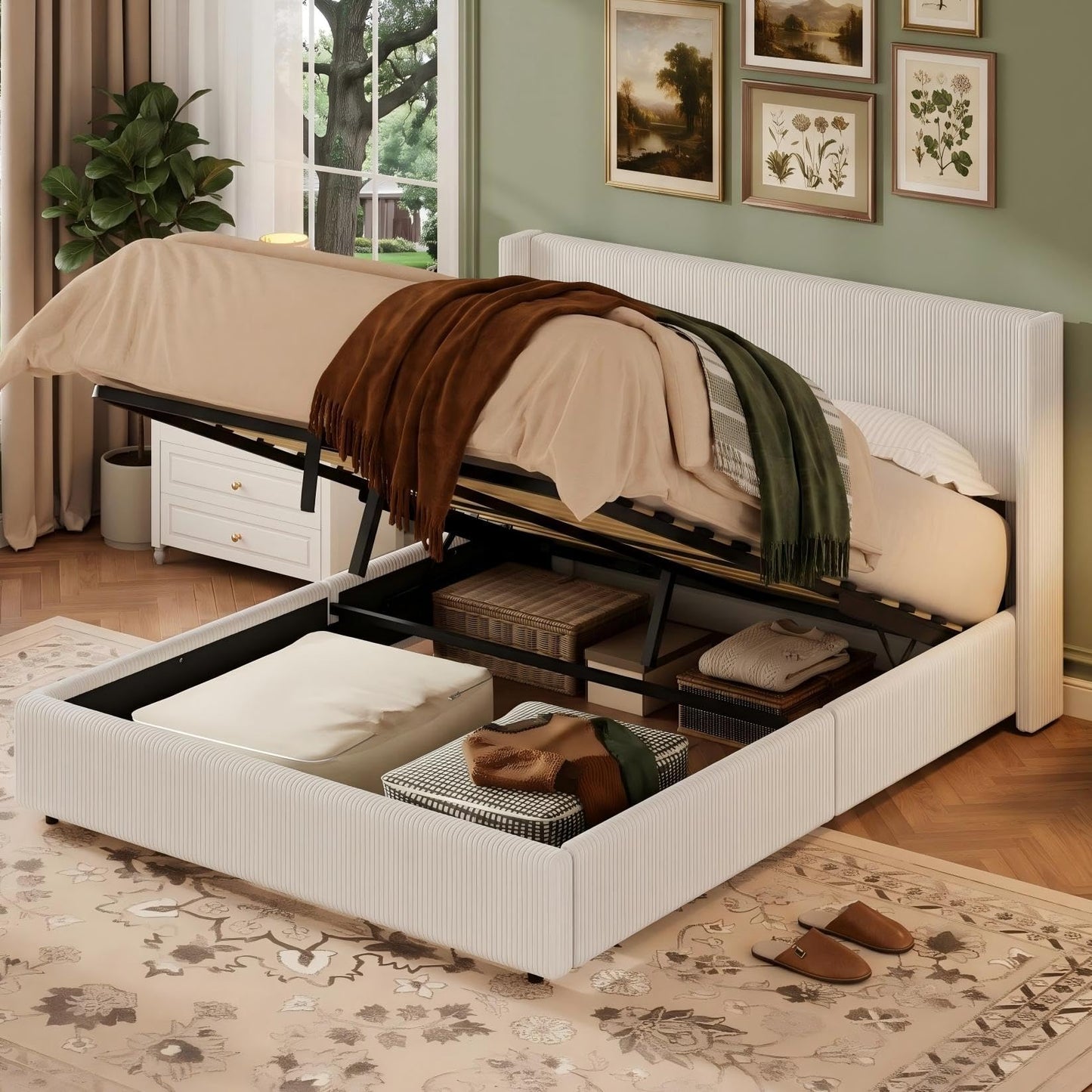 Garvee Queen Lift Up Storage Bed Frame, Corduroy Upholstered Platform Bed with Gas Lift, Padded Headboard, Wooden Slat Support, No Box Spring Needed, Easy Assembly, White