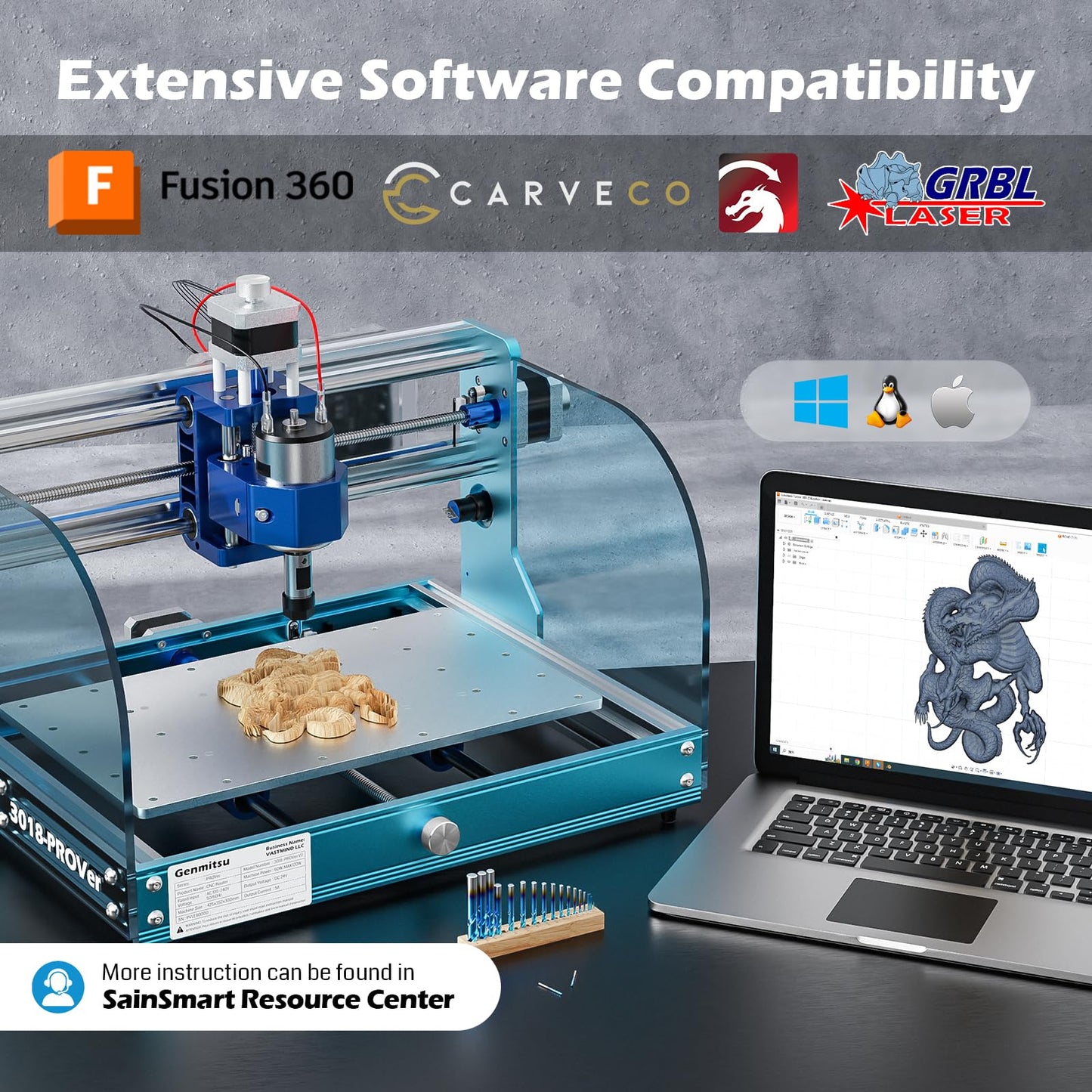 Genmitsu 3018-PROVer V2 CNC Milling Machine, Desktop CNC for Beginner with Limit Switches & Emergency-Stop, Upgraded Z Axis Aluminum Spoilboard, Working Area 284 x 180 x 40mm (11.2 x 7.1 x 1.6 inches)
