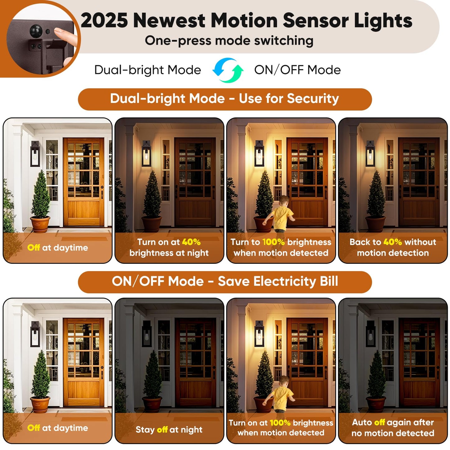 BesLowe Outdoor Wall Lights, Motion Sensor, 16in, Metal, Brown, Dusk to Dawn, 2-Pack, Model A927M