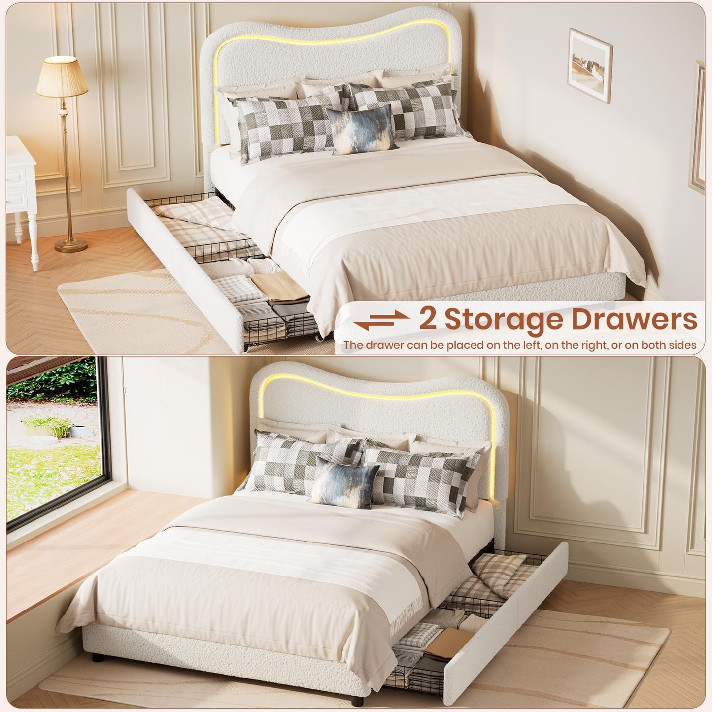 Garvee Boucle Full Bed Frame with 2 Storage Drawers, Upholstered Platform Bed with LED Headboard, Wood Slats Support, No Box Spring Needed for Kids, Teens-White