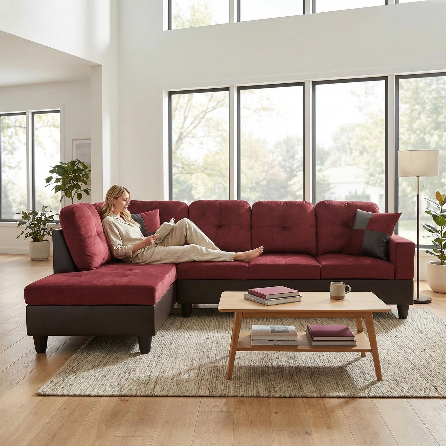 NicBex Flannel 103.5" Sectional Couches for Living Room, 2-Piece L-Shaped Sectional Couch with Movable Lounge Chaise, Multi-Scene Use for Apartment & Office, Red