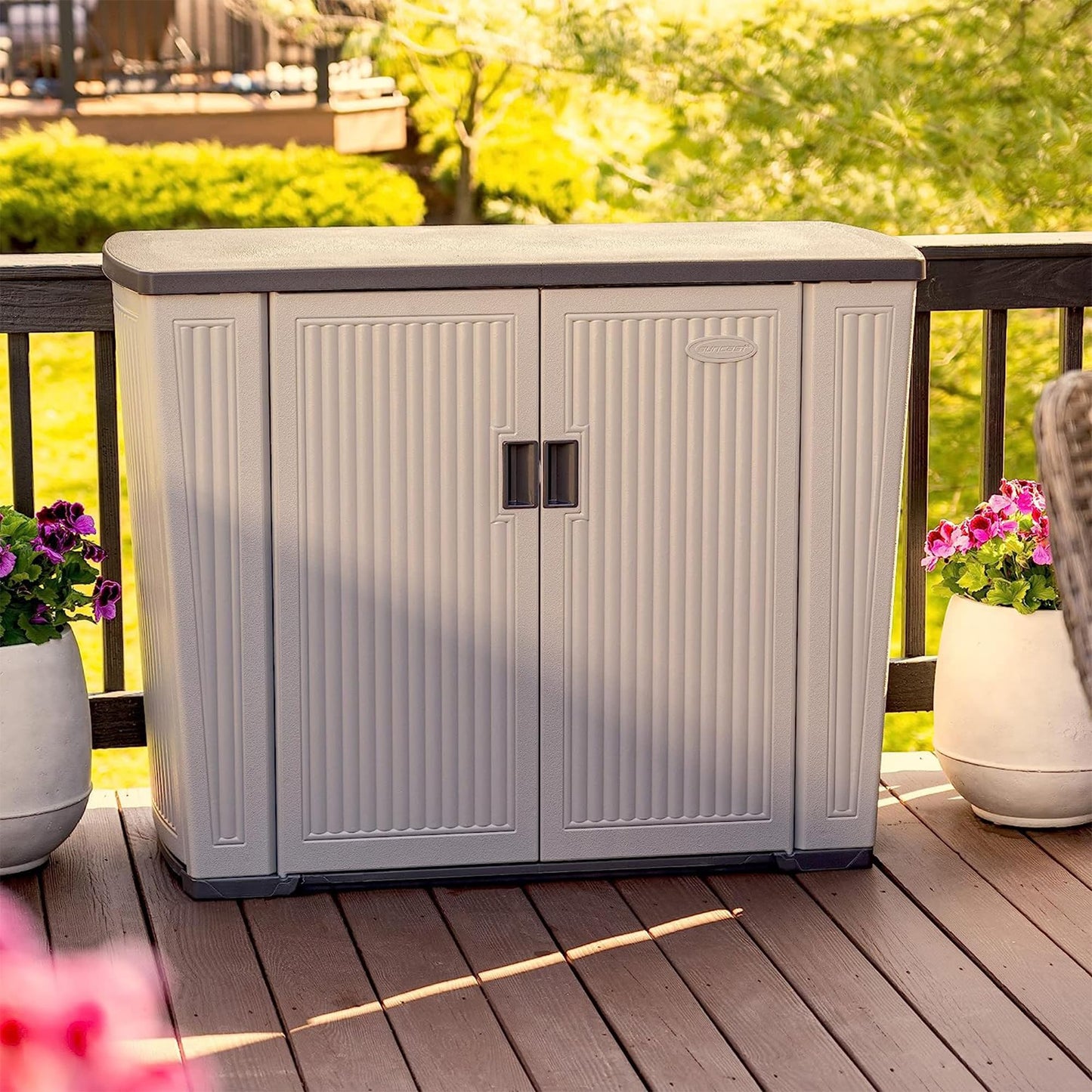 Suncast 130-Gallon Backyard Oasis Basic Unit Lockable Outdoor Storage Cabinet, Peppercorn, Made in the USA