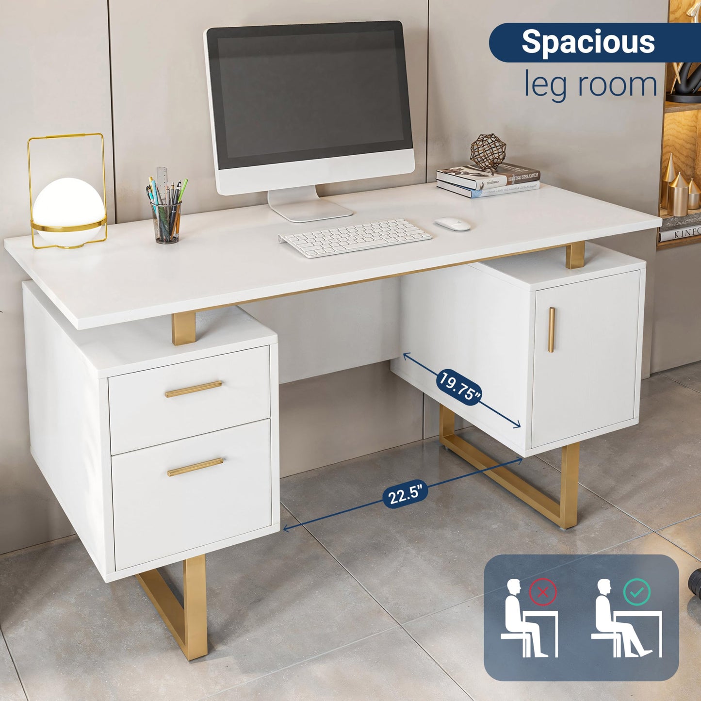 Techni Mobili Storage Drawers and Cabinet 51.25” W-Modern Office Large Floating Desktop Surface Desk, 23.6" D x 51.2" W x 29.8" H, White/Gold