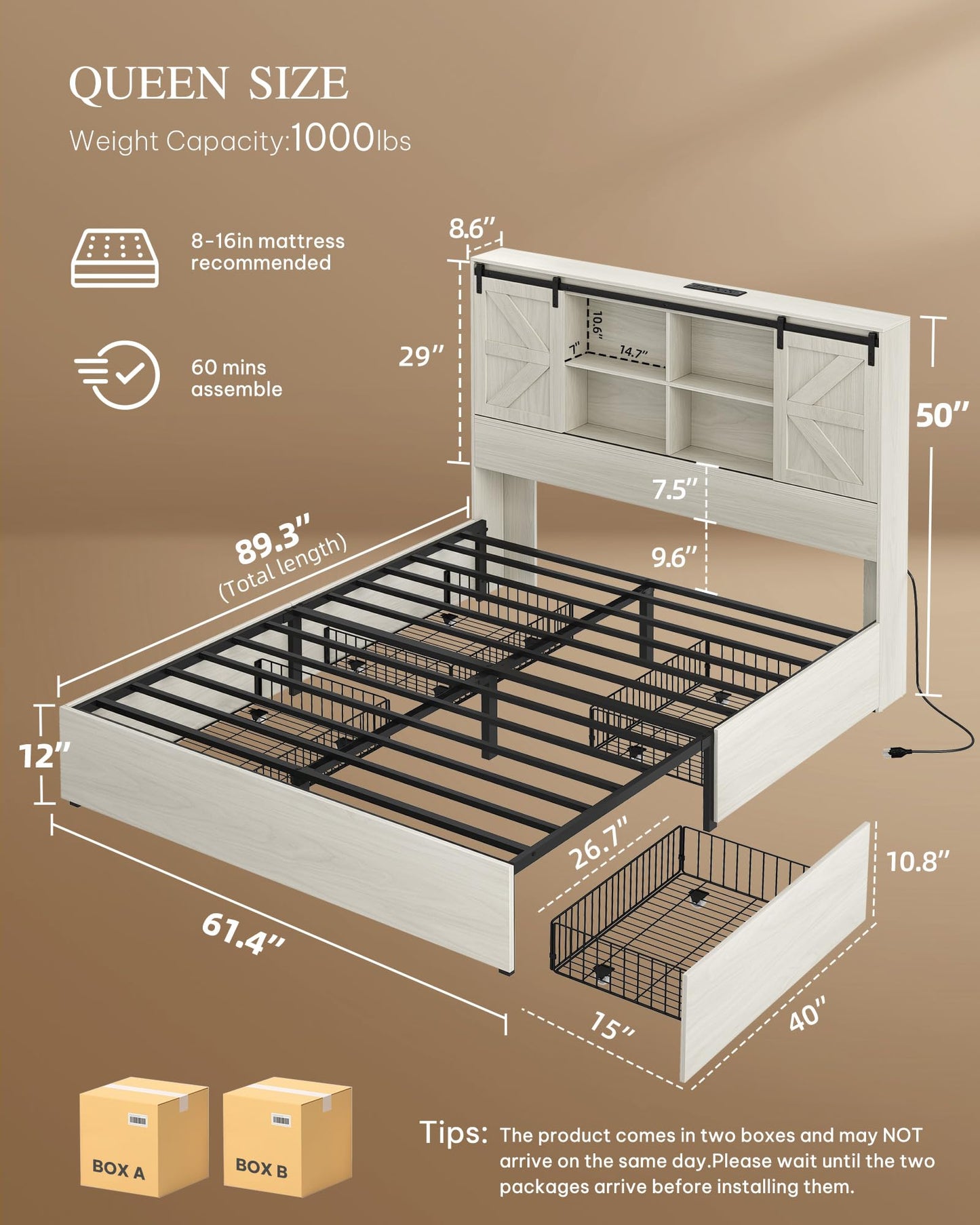 DWVO Farmhouse Queen Size Bed Frame with Storage Bookcase Headboard, Sliding Barn Door, 4 Storage Drawers, RGB LED Bed Frame with USB Charging Station, No Box Spring Needed, Antique White