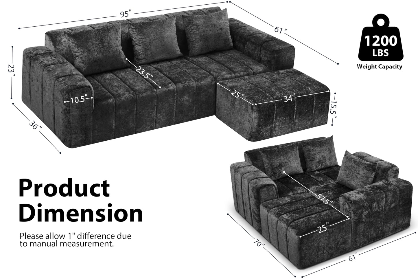 HABUTWAY 95" Modular Sectional Sofa with Chaise, L-Shaped Cloud Couch with Deep Seat, Convertible Upholstered Boneless Couch for Living Room Apartments Bedroom, No Assembly Required, Black