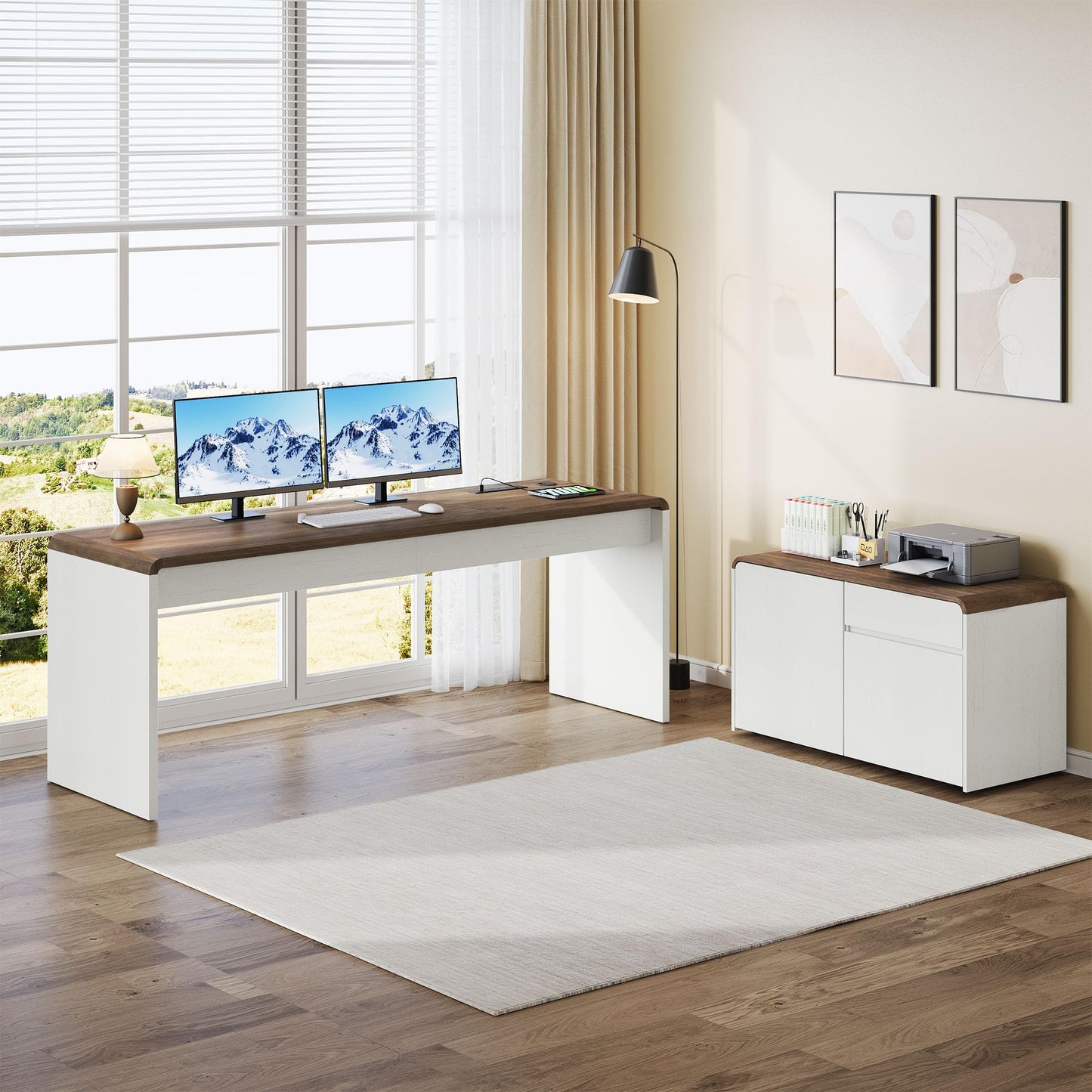 Homiflex Mid-Century Modern 78" L-Shaped Executive Desk with Independent Mobile File Cabinet, Large Home Office Desk with Drawers and 4 AC + 2 USB Power Outlets, Waterfall Edge Design, White & Walnut