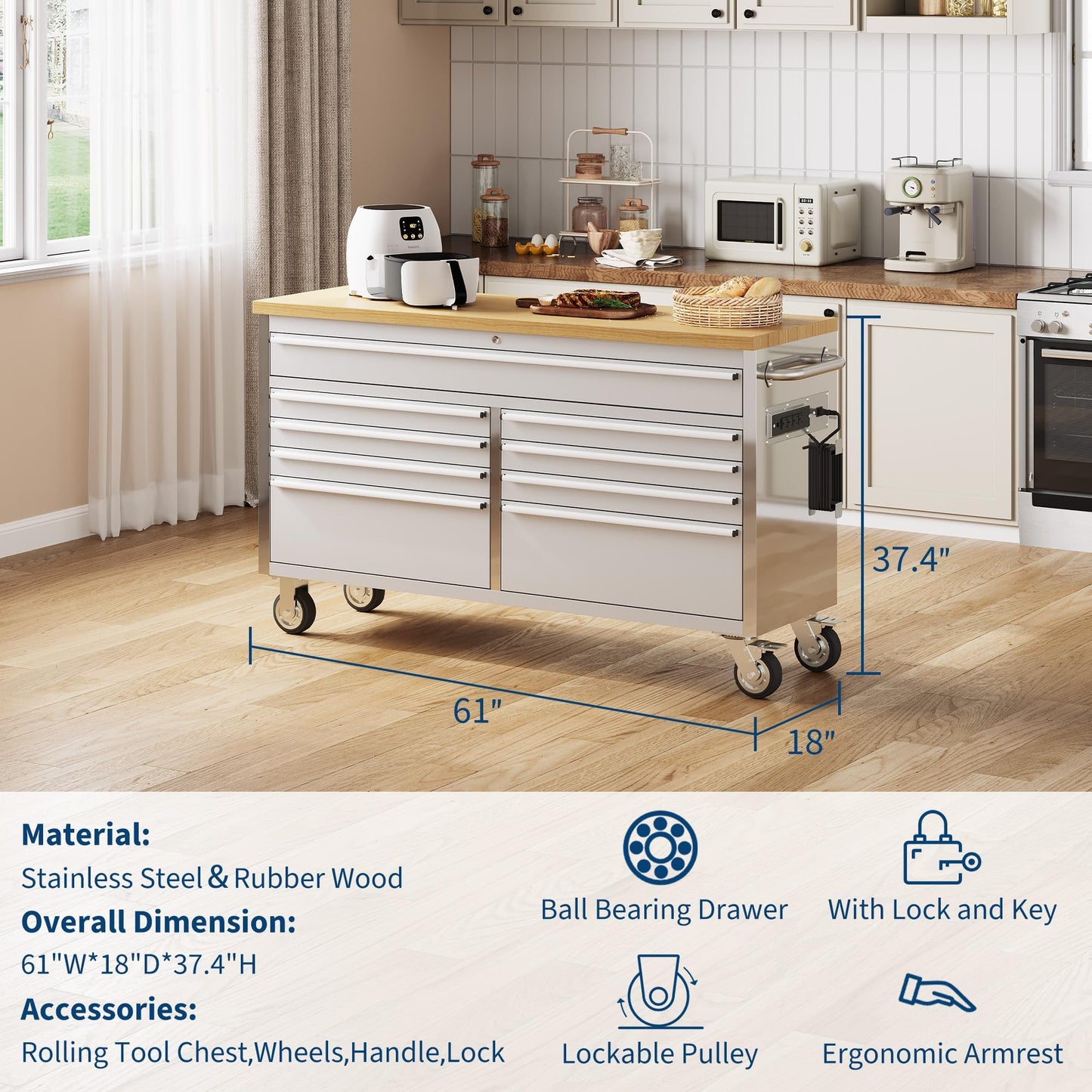 ExploreHorizon 61" Heavy-Duty Rolling Tool Chest & Mobile Workbench with 9 Drawers, Rubber Wood Top and 4 Wheels, Steel Storage Cabinet for Garage, Workshop, Warehouse，Silver