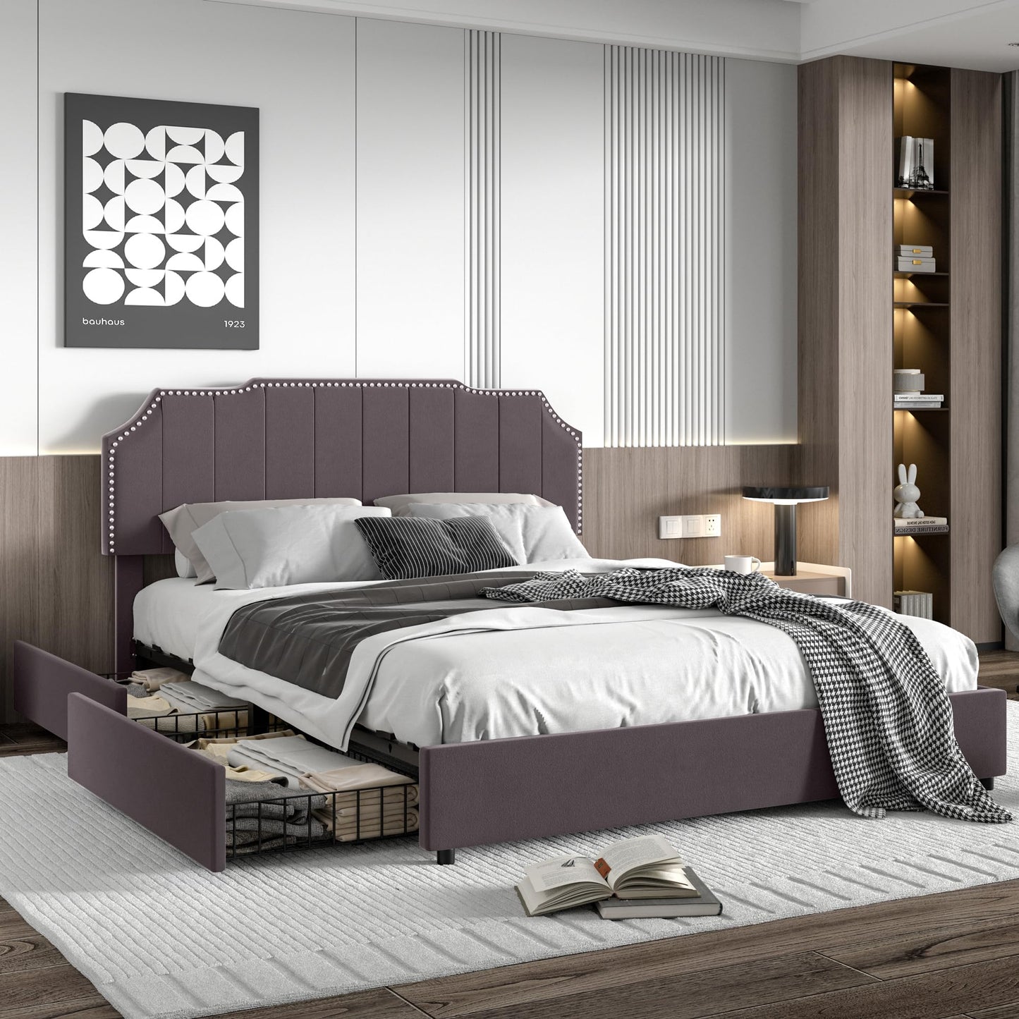 VECELO Queen Velvet Upholstered Platform Bed Frame with 4 Rollers Storage Drawers,Queen Size Bed with Tufted Height Adjustable Headboard,Wooden Slats/No Box Spring Needed/Easy Assembly