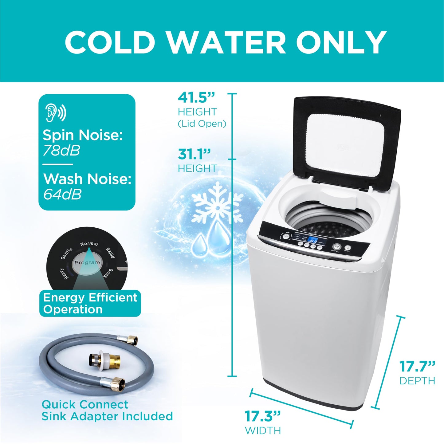 BLACK+DECKER 0.9 Cu. Ft. Portable Washer, 6.6 lb. Capacity Washing Machine for Homes & Apartments, 5 Wash Cycles, Quick Connect Sink Adapter and Drain Hose Included, LED Display, BPWM09W, White