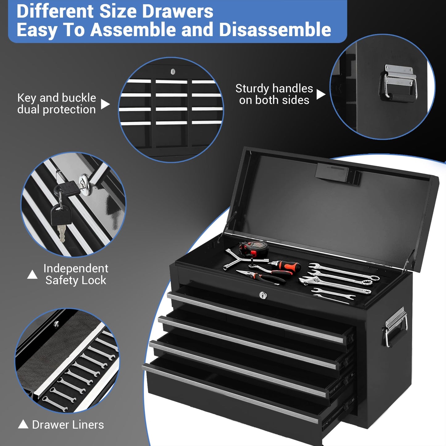 SierraSquad 5-Drawer Rolling Tool Chest, 2-in-1 Detachable Top Tool Box Cabinet, High Capacity Storage, Sliding Drawers, Wheels, Key Lock & Drawer Liners, for Garage Workshop Warehouse