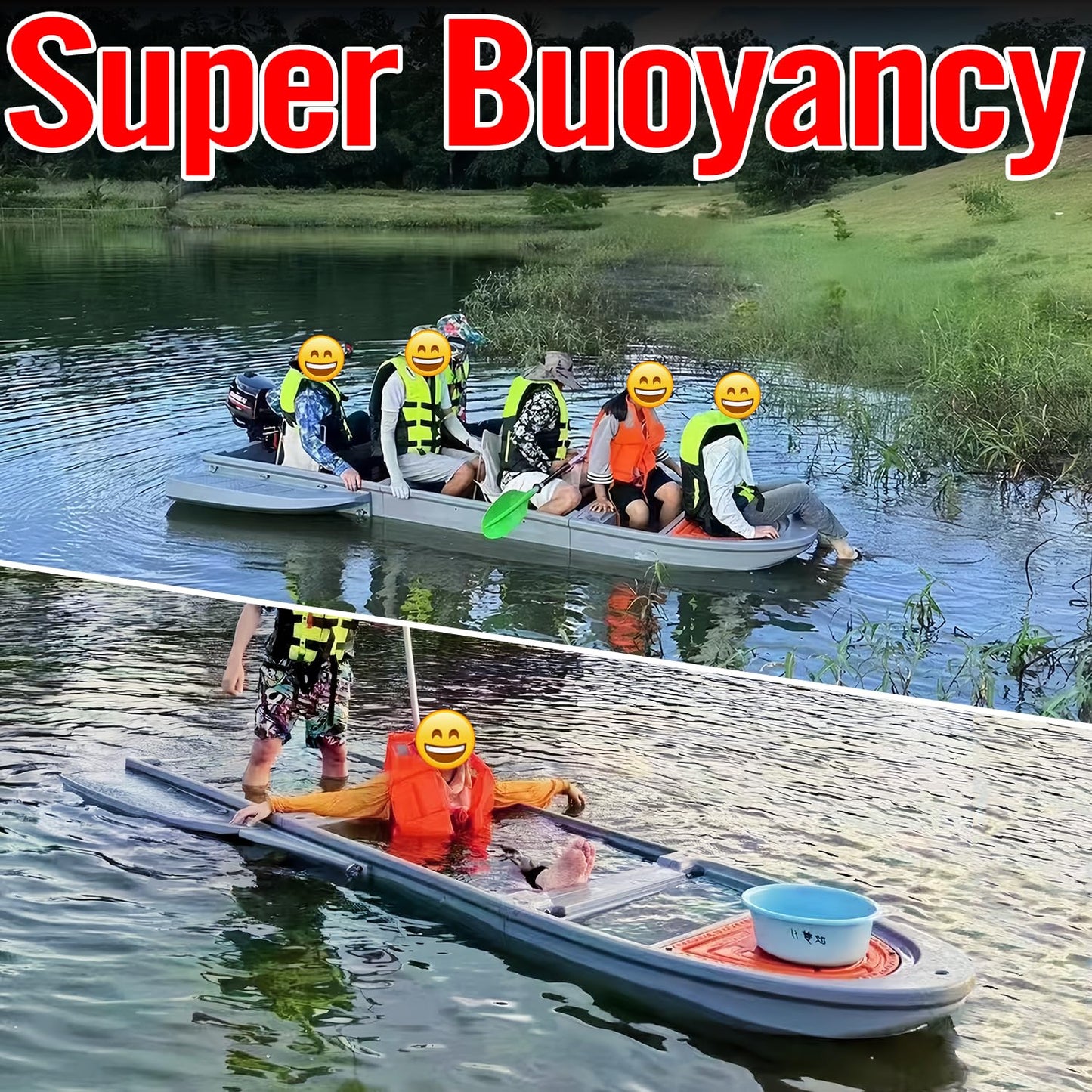 Fishing Boat, Folding Jon Boat with 3 Collapsible Modular Fishing Kayak and 2 Side&Tail Pontoons, Multipurpose Kayak Canoe, Up to 800lbs Buoyancy Suitable for 5-7 Person-Grey.