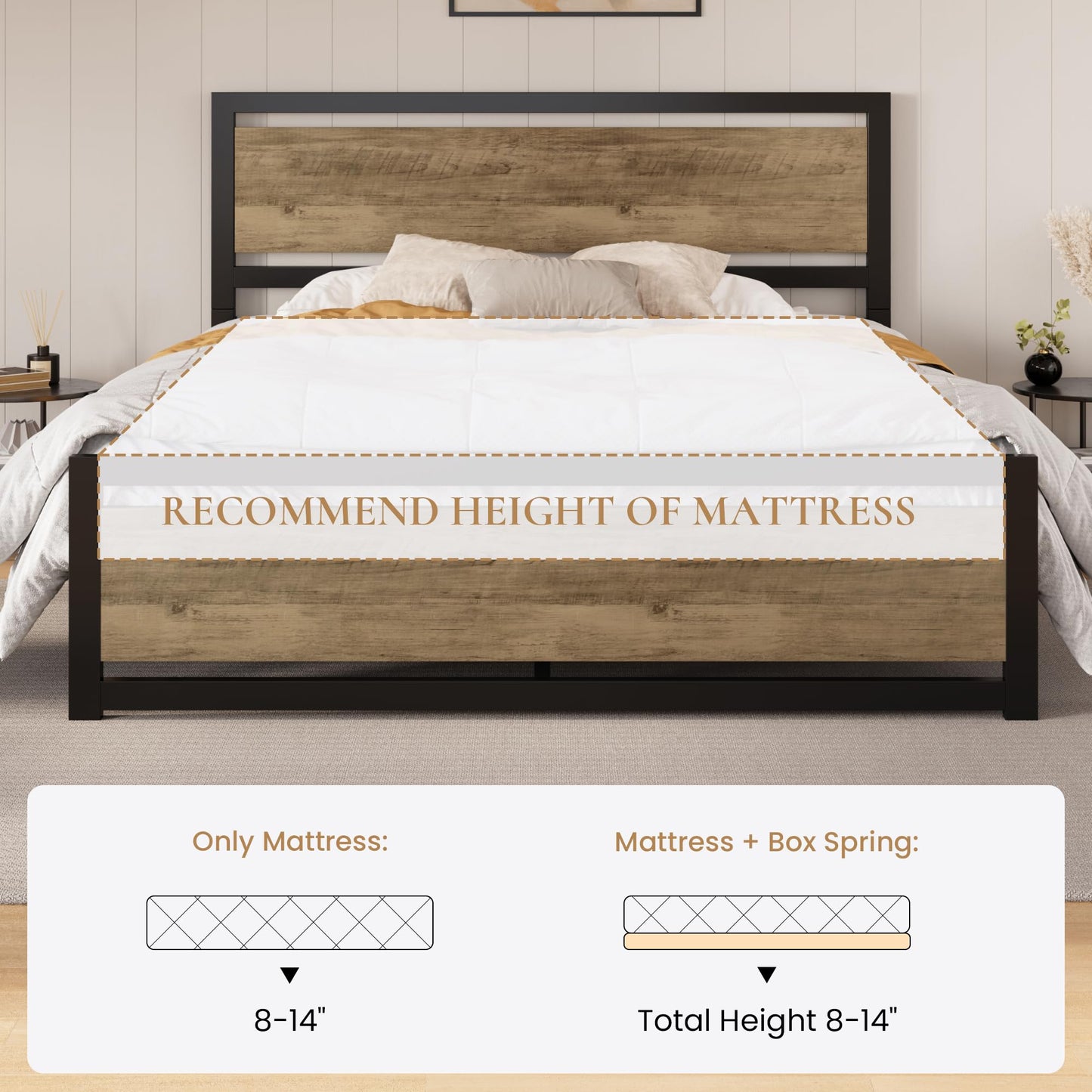 SHA CERLIN Heavy Duty King Size Bed Frame with Modern Headboard, Brown