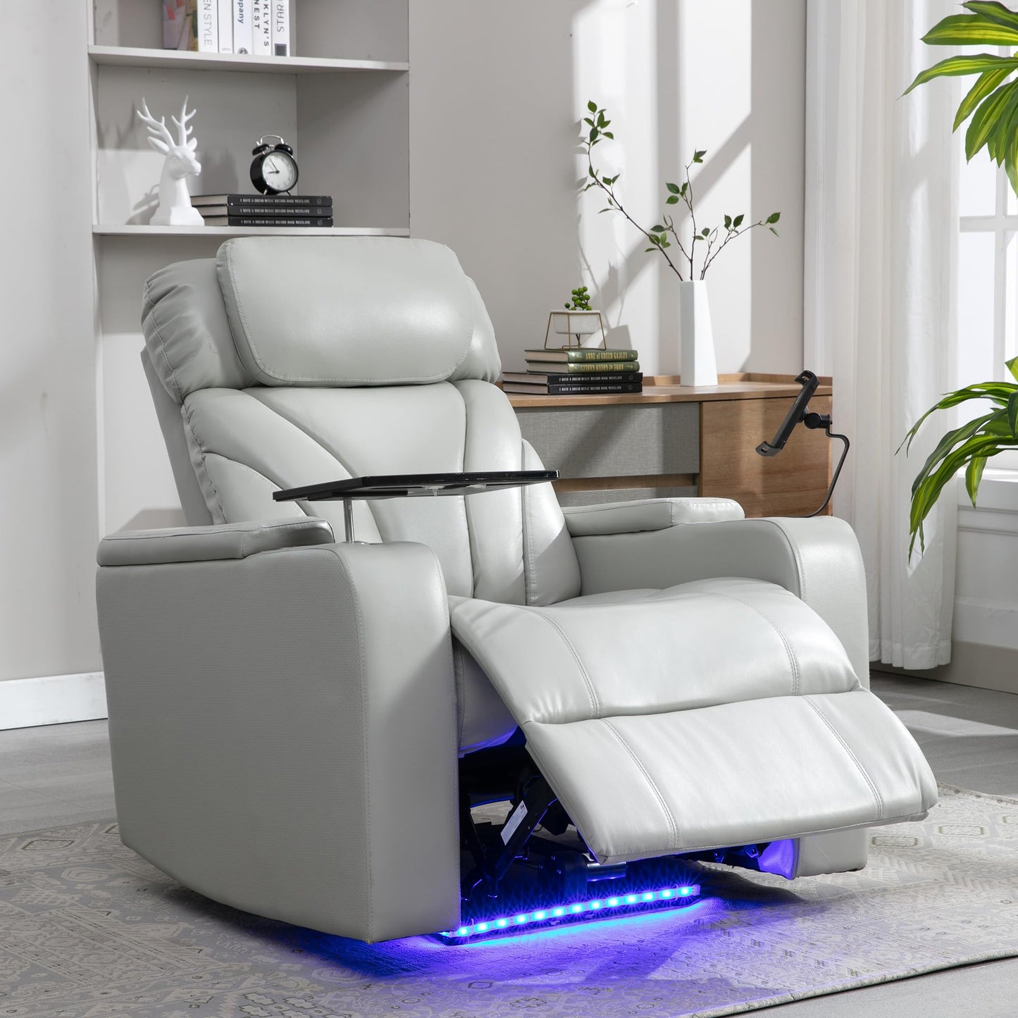 ERYE 34.5-Inch Multifunctional Power Reclining Chair Electric Recliner Armchair for Home Theater Office W/USB Ports, Storage Armrest, Cupholders, LED Light Strip & Rotating Table