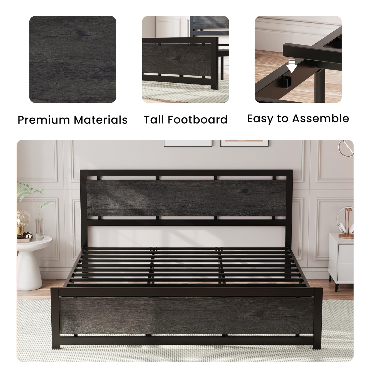 LIKIMIO King Bed Frame with Headboard and Footboard, Metal Strong Supports, Easy Assembly, Noise-Free, No Box Spring Needed, Charcoal Grey