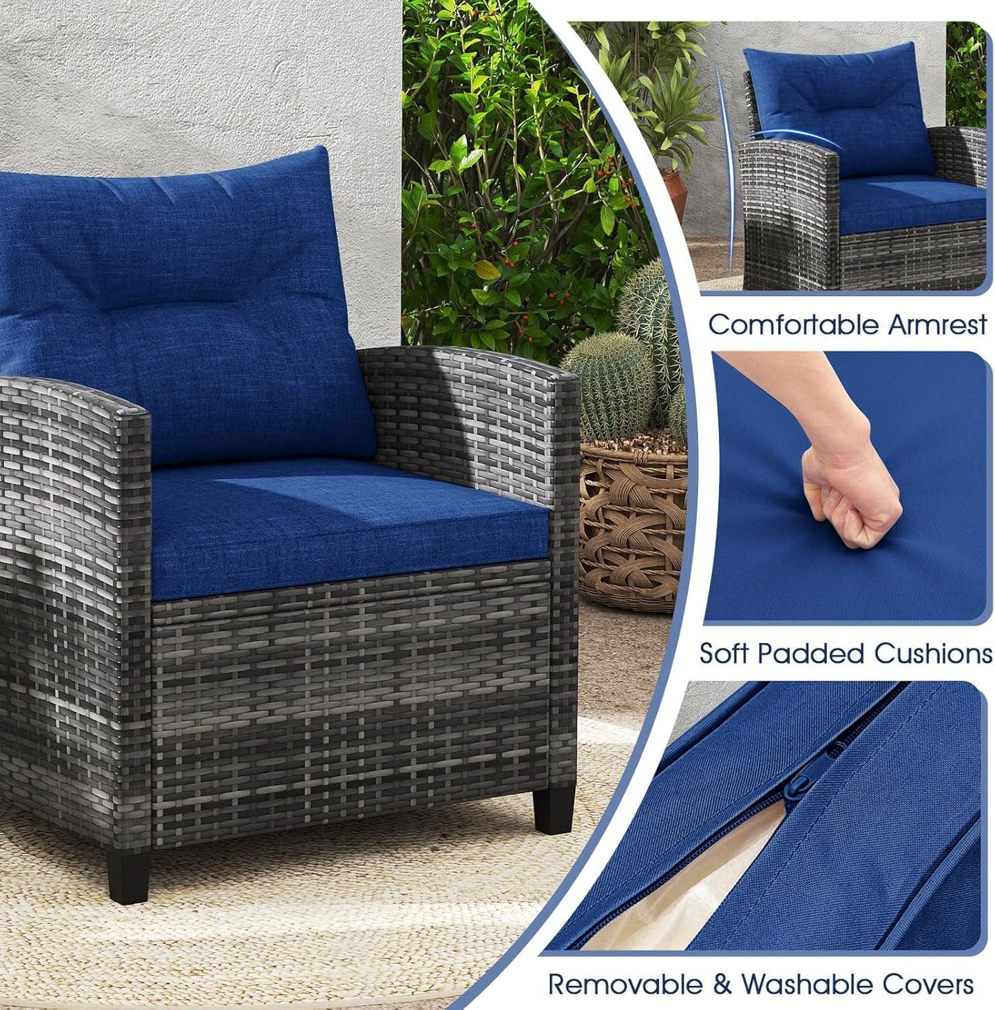 LDAILY Patio Furniture Set, 3 Pieces PE Rattan Wicker Patio Sofa Chairs with Washable Cushion & Glass Table, Outdoor Furniture Conversation Sets for Porch, Balcony, Garden, Poolside (Navy)
