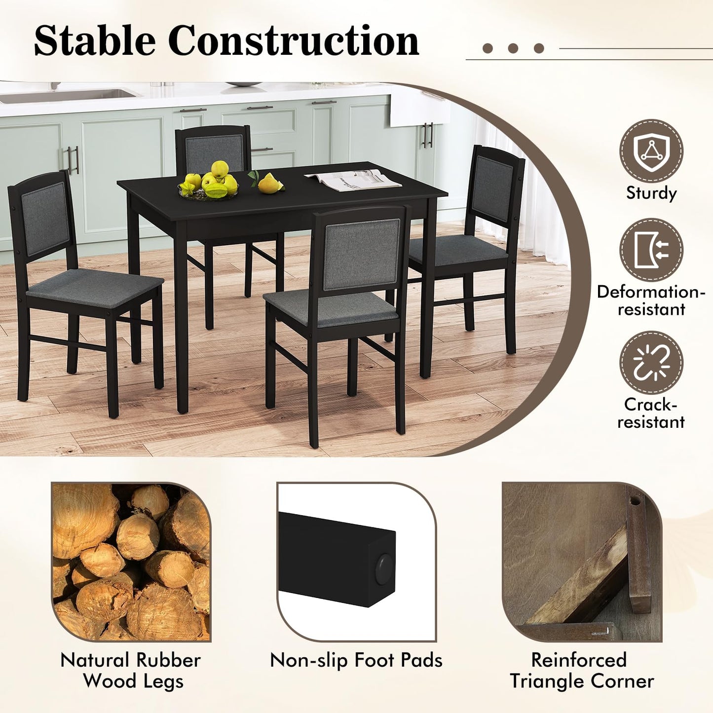 Tangkula Dining Table Set for 4, Farmhouse Solid Wood Dinette Set w/Rubber Wood Legs, Upholstered Seat & Padded Backrest, Mid-Century Modern Dining Table and Chairs Set for Kitchen, Dining Room