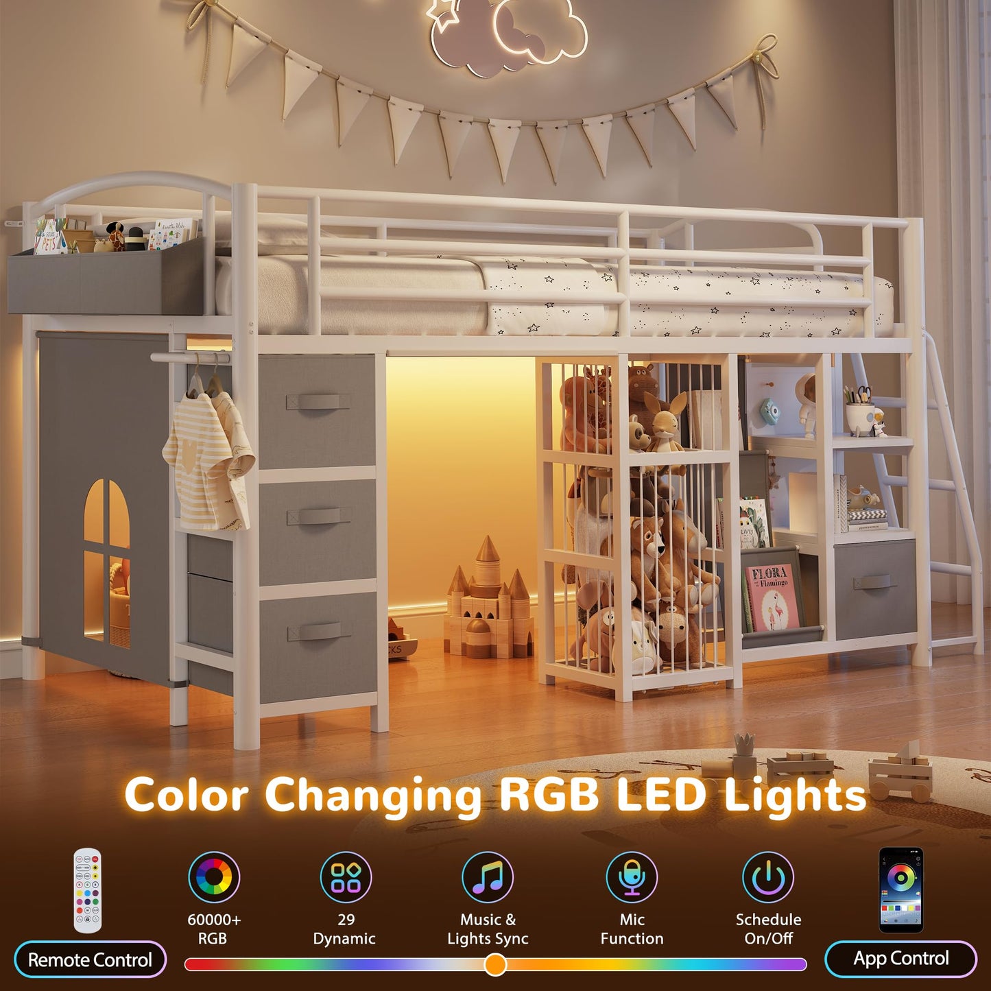Low Loft Bed Twin Size with 4 Storage Drawers and LED Lights, Twin Loft Bed with Sling Bookcase & Toy Storage, Kids Twin Beds with Anti-Collision Pad & Play Curtain, Under-Bed Play Space, White+Grey