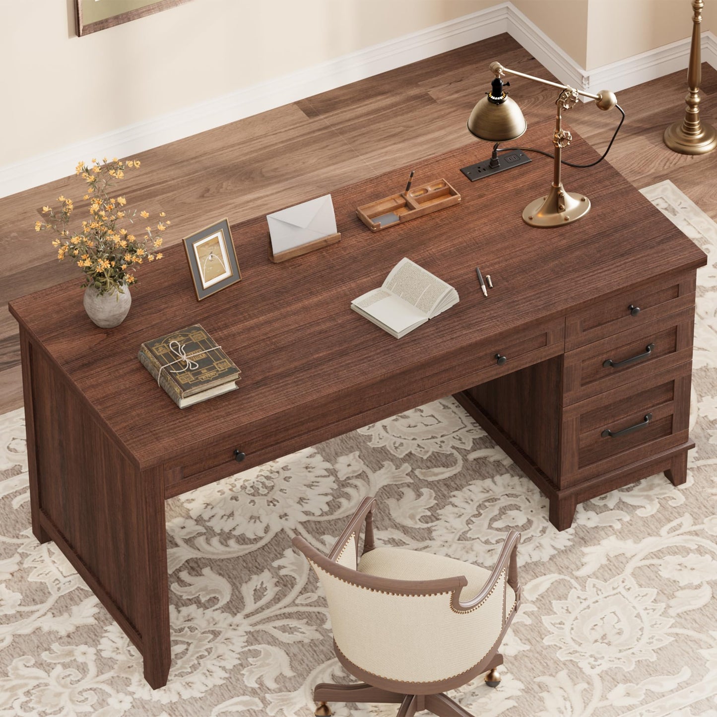 IDEALHOUSE 53.5" Farmhouse Computer Desk with Charging Station, Rustic Black Home Office Executive Desk, Wooden Workstation with File Cabinet Storage Drawers for Writing & Study, Rustic Brown