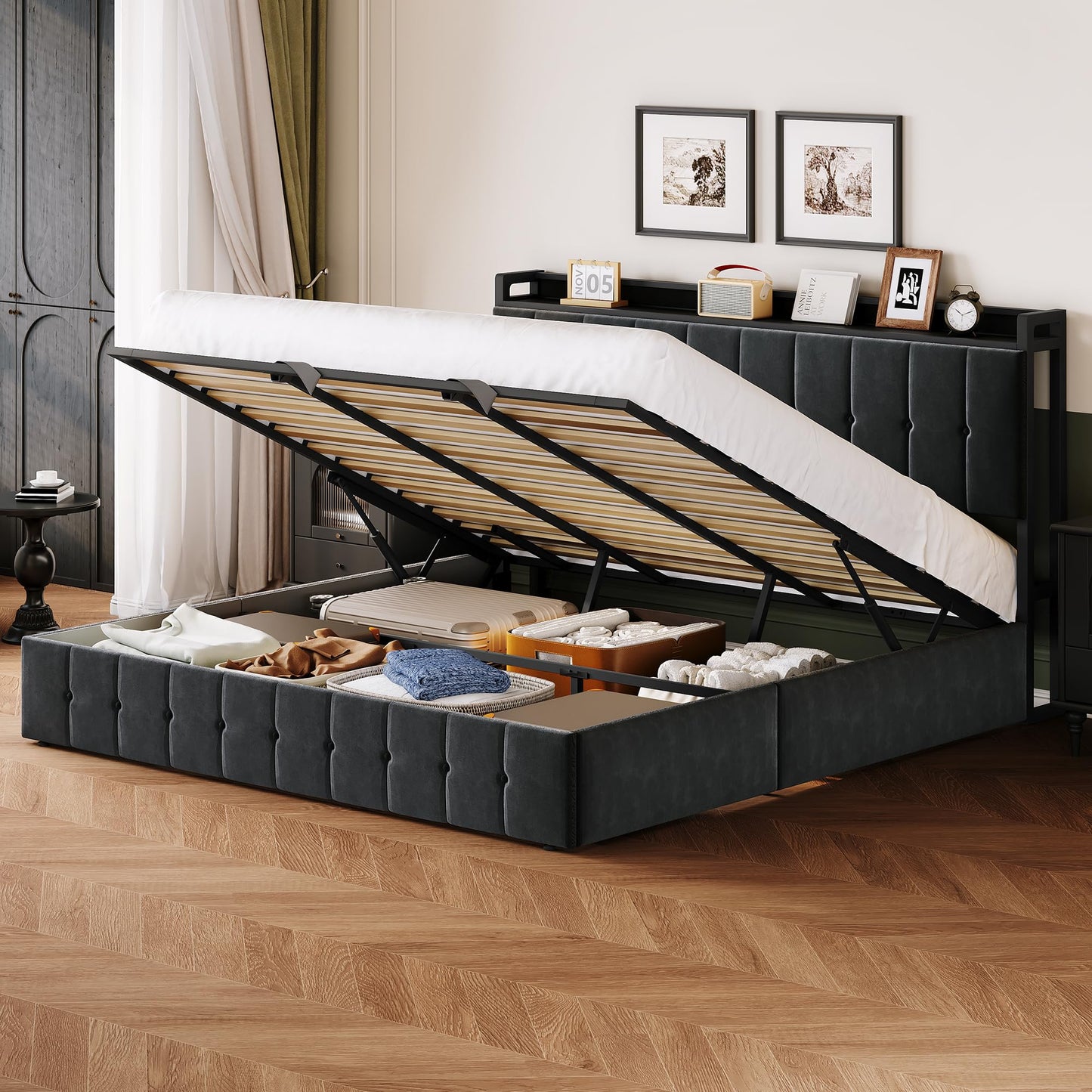 GarveeHome King Bed Frame with Lift Up Storage, Upholstered Velvet Bed with Storage Headboard, Metal Platform Bed, Hydraulic Support, No Box Spring Needed, Black